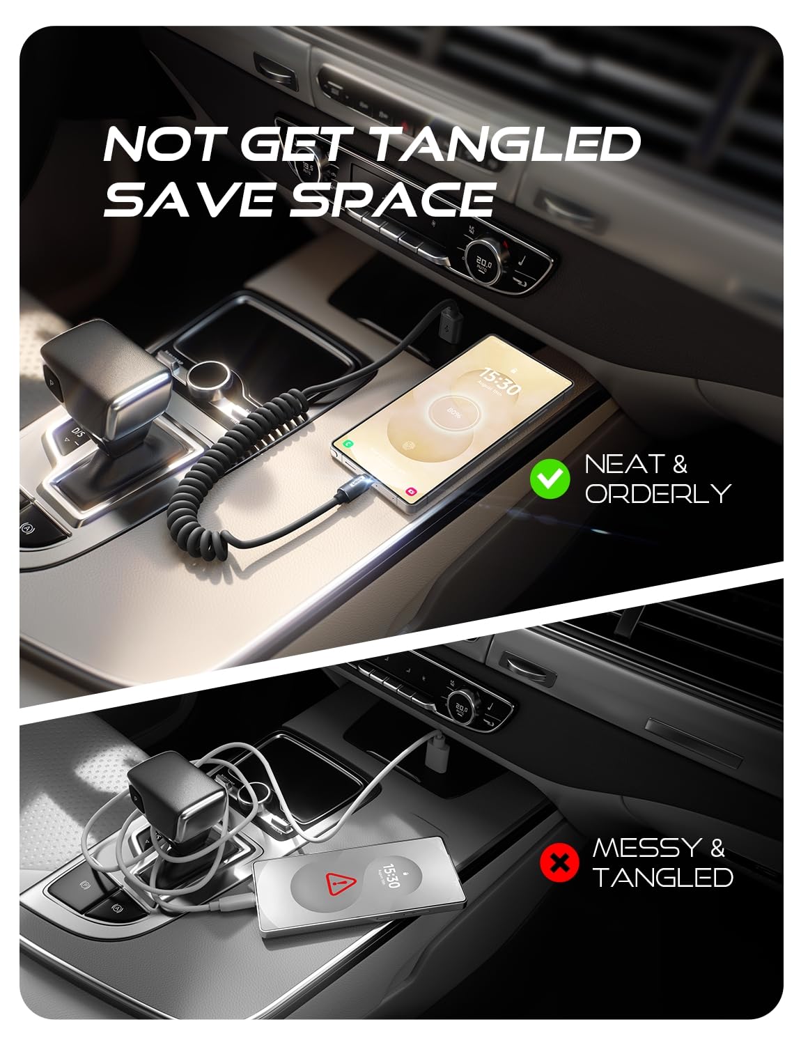 Detalle de LISEN Coiled USB-C Cable 2-Pack (USB A to USB C) for Android Auto & CarPlay — 4+6FT, Space Black