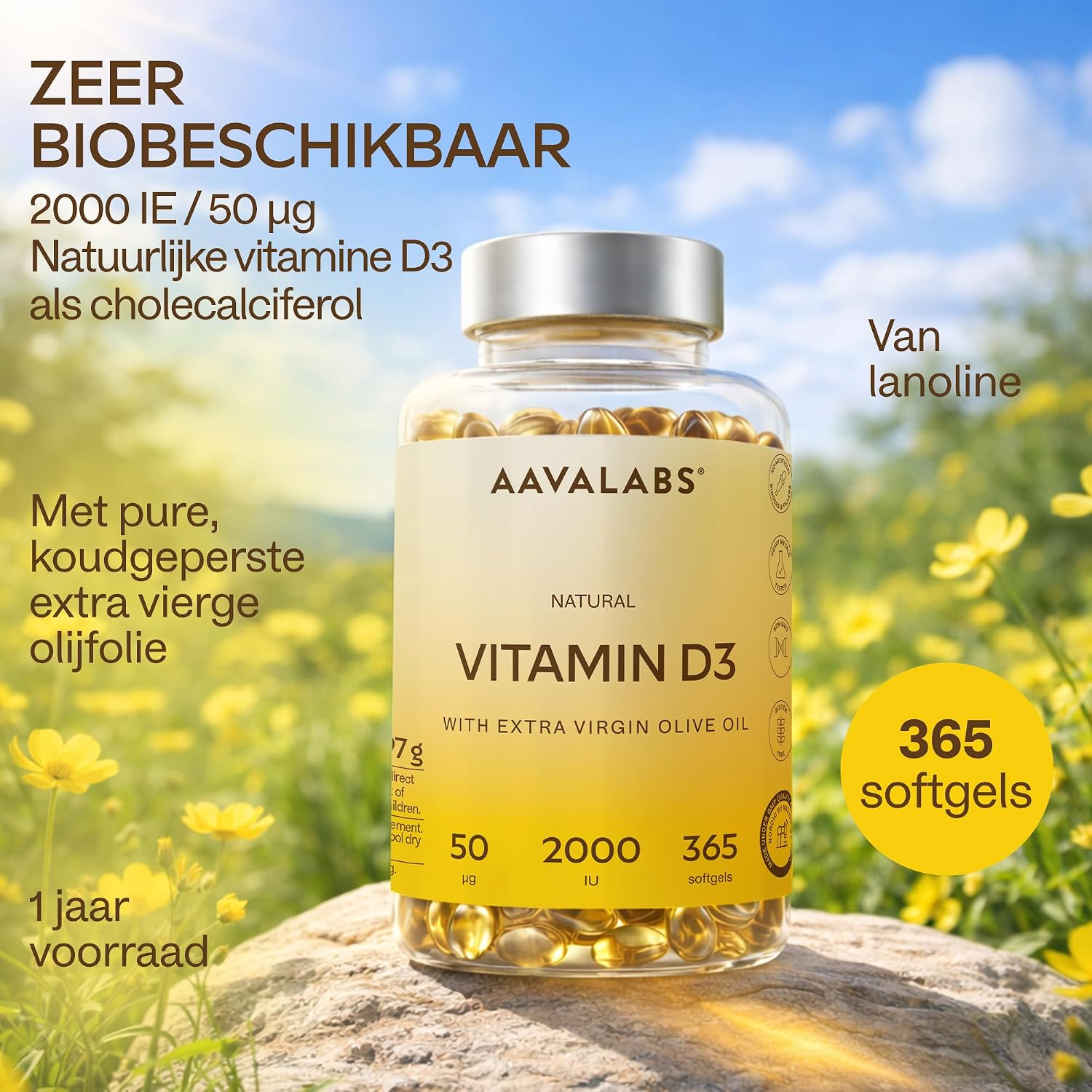 Detalle de AAVALABS Vitamine D3 2000 IE softgels met extra vierge olijfolie, 365 stuks