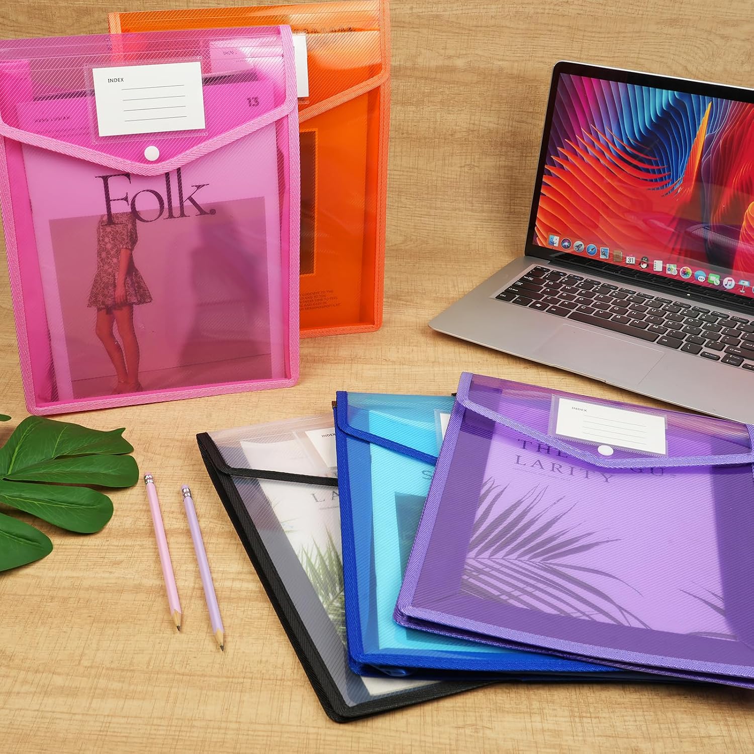 Thumbnail 3 de Vicloon A4 Vertical Plastic File Folders (5 Pack) with Snap Closure – Colourful Translucent File Wallets