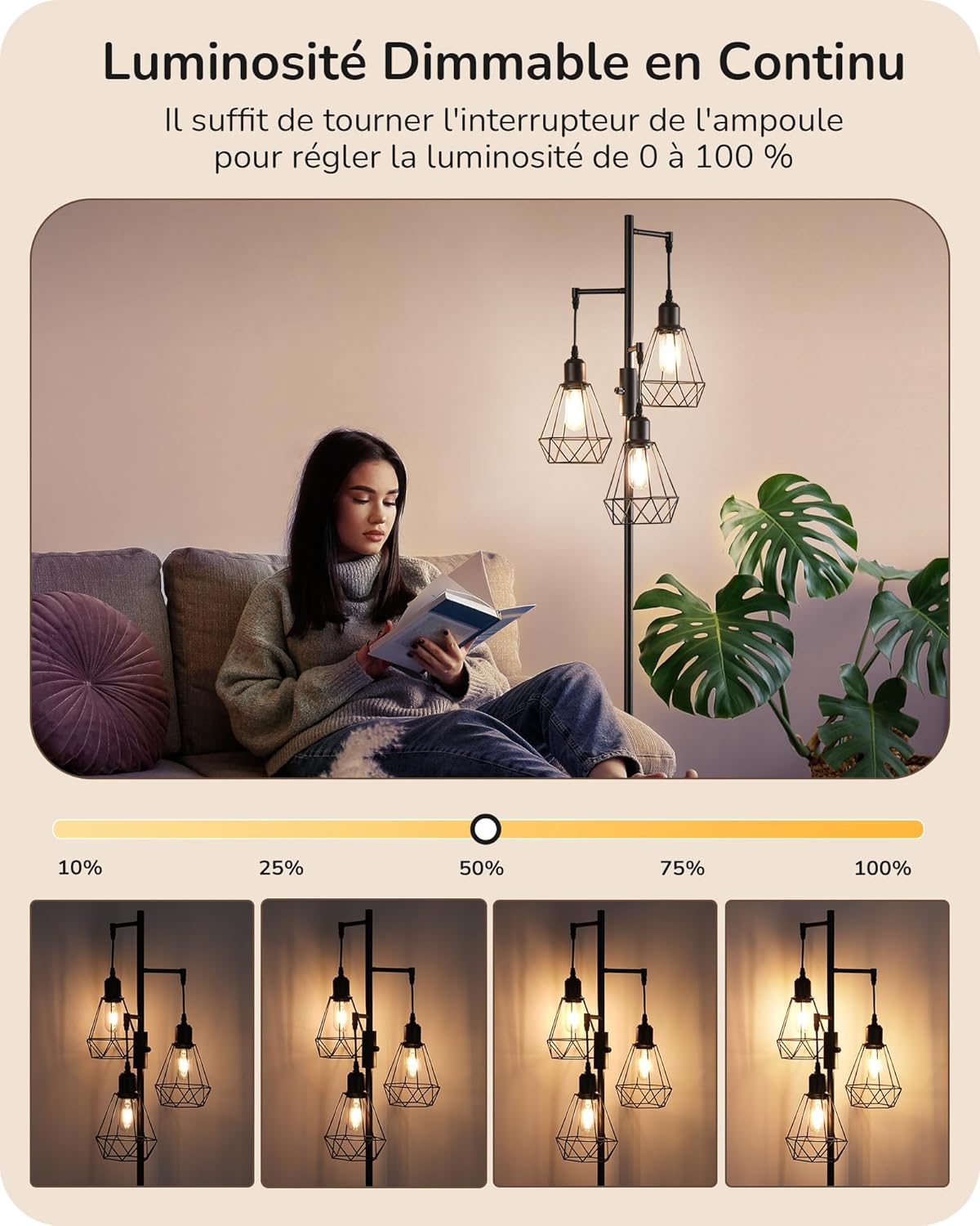 Detalle de EDISHINE Lampadaire Dimmable sur Pied 3 Lumières – 166 cm, style rétro-industriel