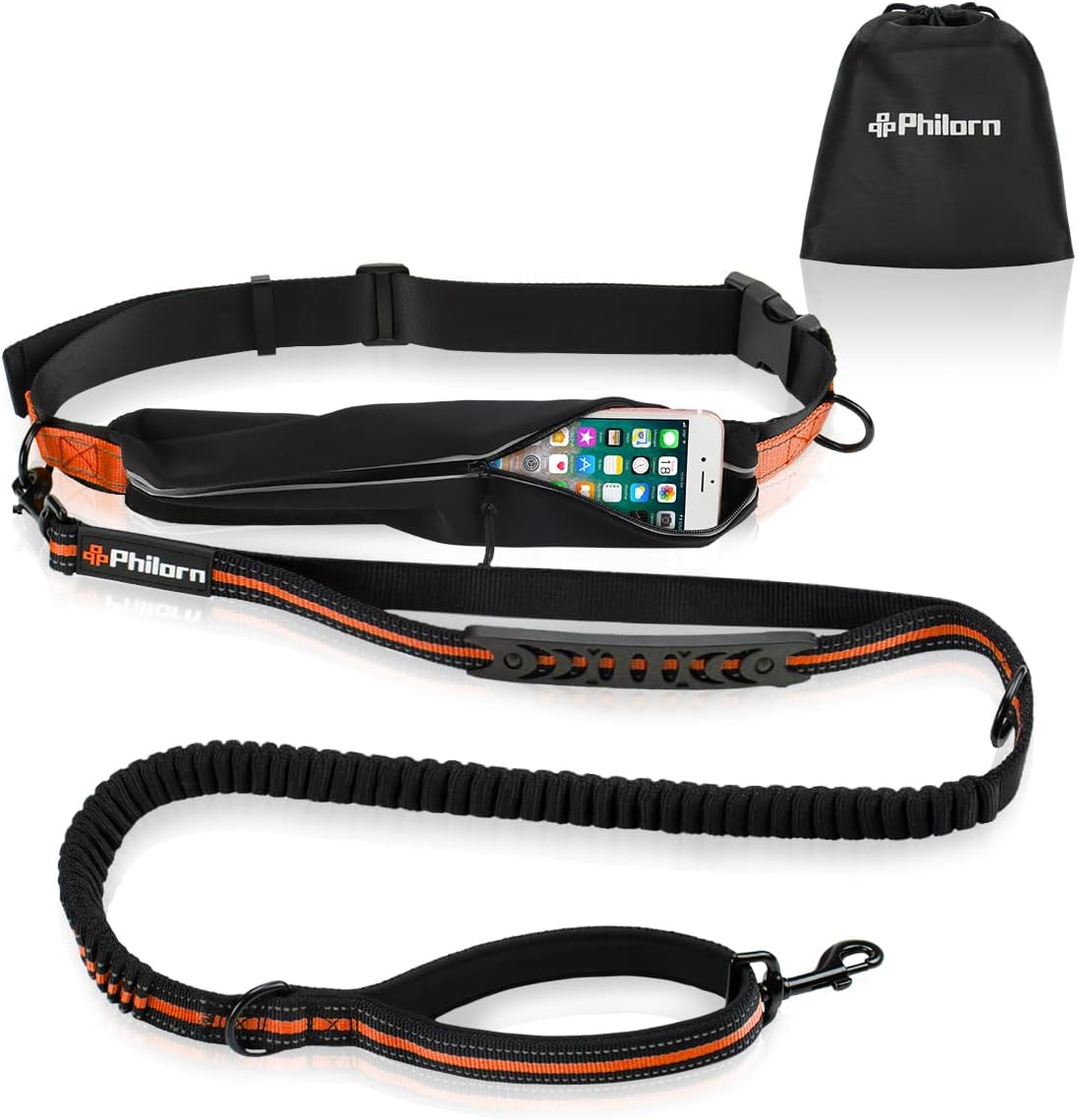 Detalle de Philorn Hands Free Dog Lead with Phone Pouch: Extendable 47"–67", Dual Handle, Reflective & Waist Pack