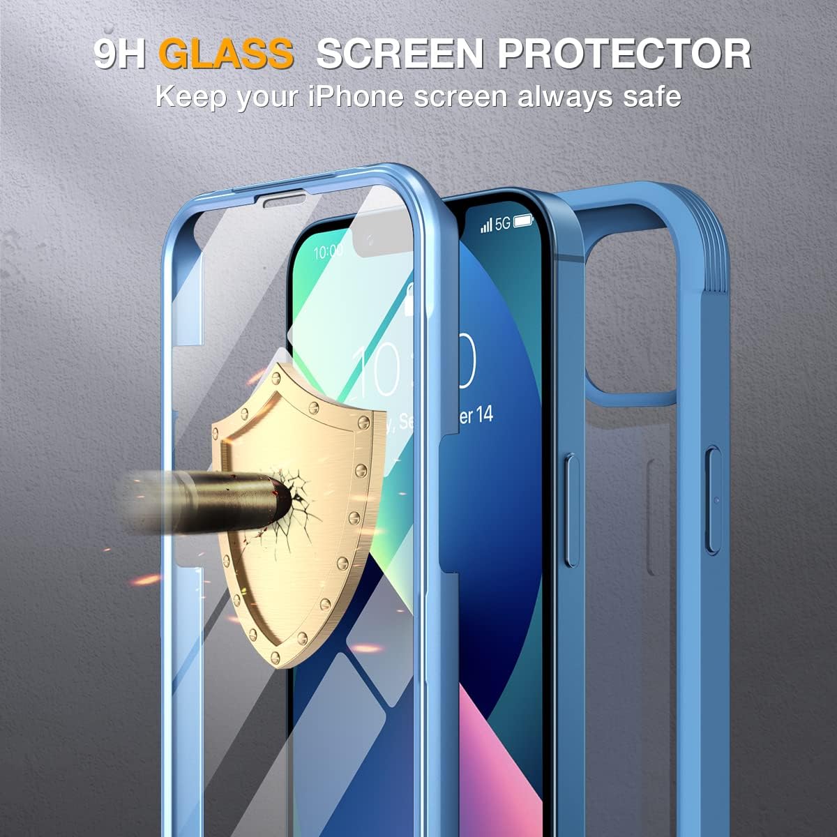 Detalle de Miracase Aqua Blue iPhone 13 Case with Built-in 9H Glass Screen Protector (6.1")