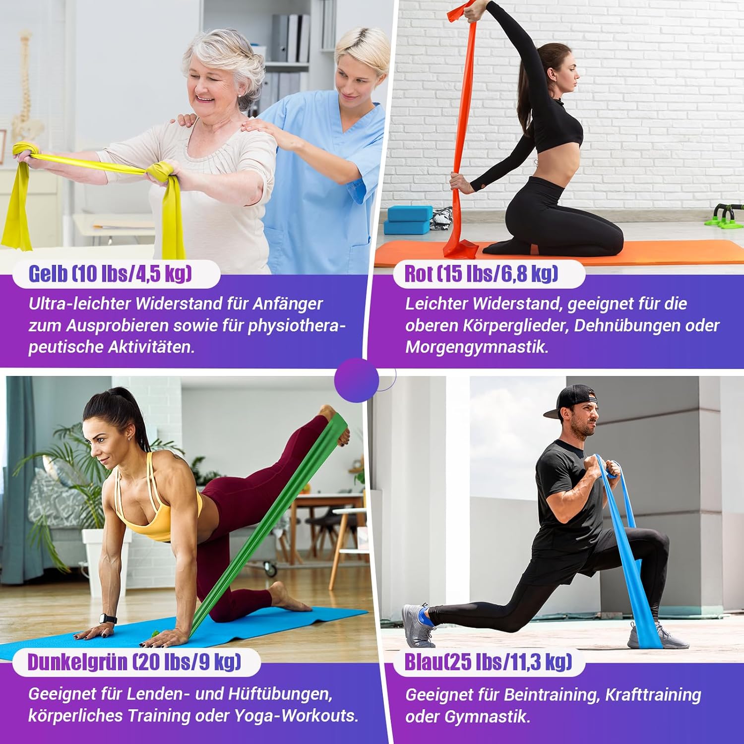 Detalle de COFOF Fitnessbänder 4er-Set – elastische Gymnastikbänder mit Tragetasche und Übungsanleitung
