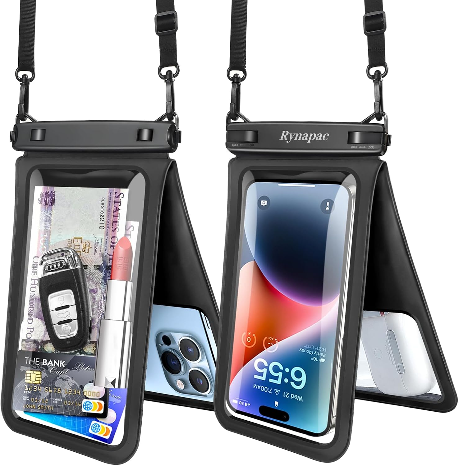 Detalle de Rynapac wasserdichte Handyhülle 2er-Set: IPX8 bis 30 m, für Smartphones bis 8 Zoll