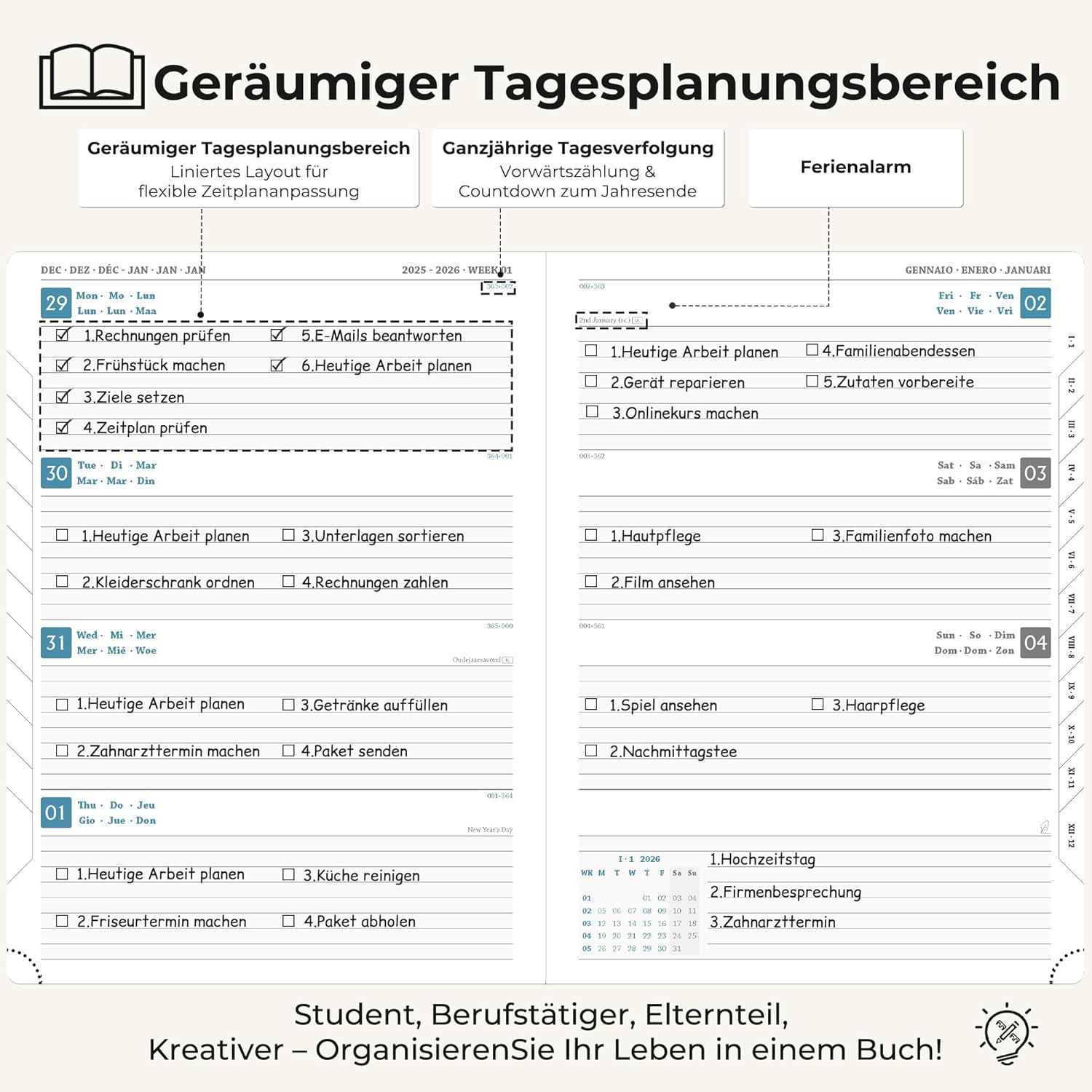 Thumbnail 2 de IN-LUXPRO Kalender 2026: A4 Buchkalender 29 × 21,7 cm – Wochenplaner mit 100GSM Papier, PU-Leder Marineblau