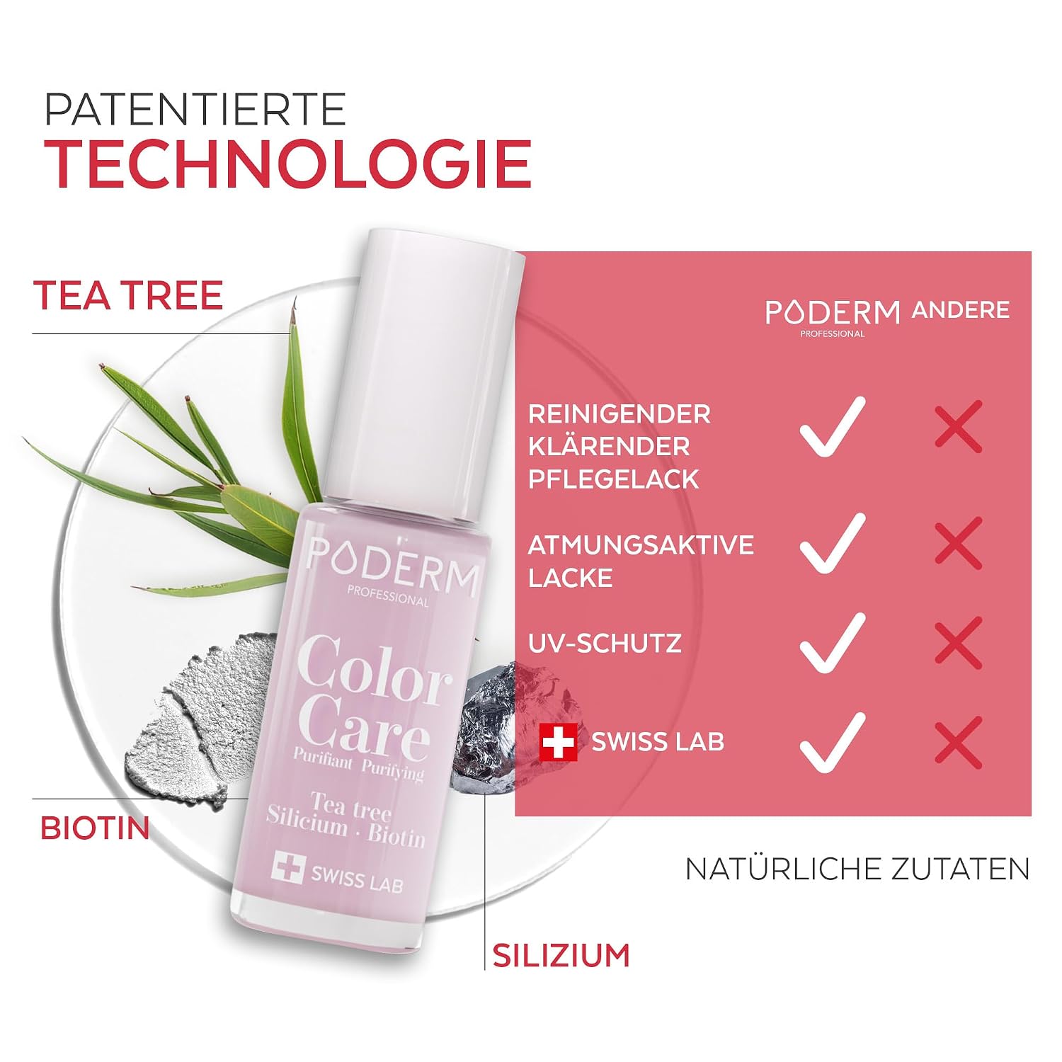 Thumbnail 3 de PODERM Nagellack Nagelmykose Swiss Made in Babyrosa (8 ml) – antimykotisch mit Teebaum, Silizium & Biotin