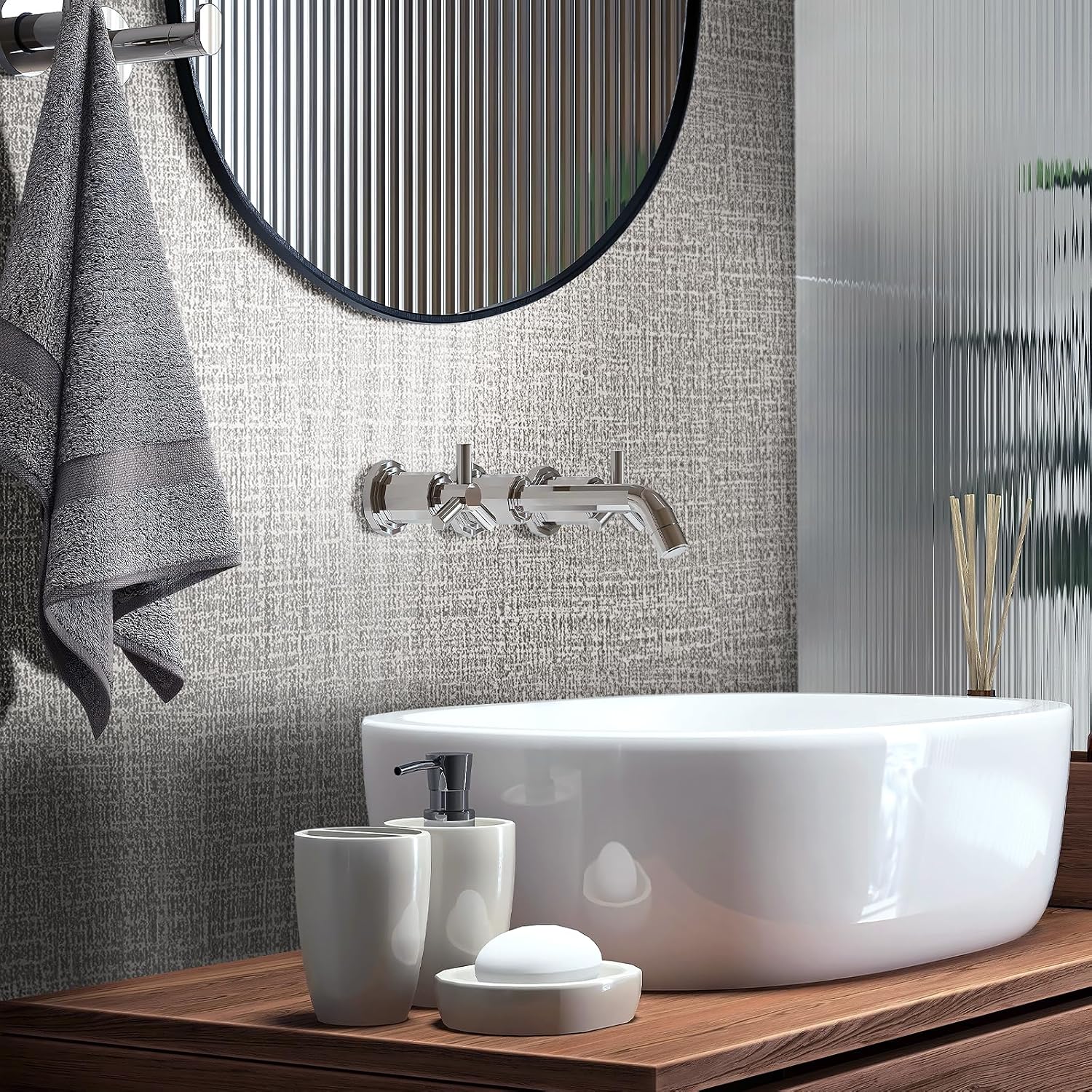 Detalle 2 de WADILE Grasscloth Peel-and-Stick Wallpaper, Light Gray Faux Linen Vinyl