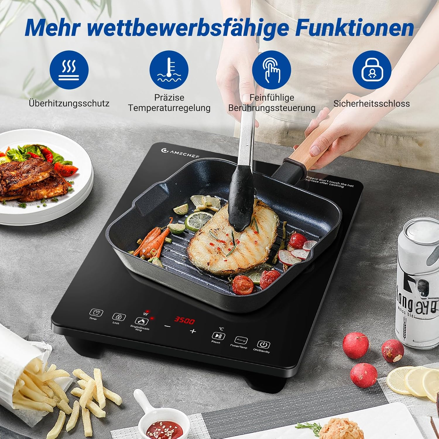 Thumbnail 4 de AMZCHEF Induktionskochplatte einzeln mit Doppelring, 3.500 W – 1 Platte, 9 Leistungs- und Temperaturstufen