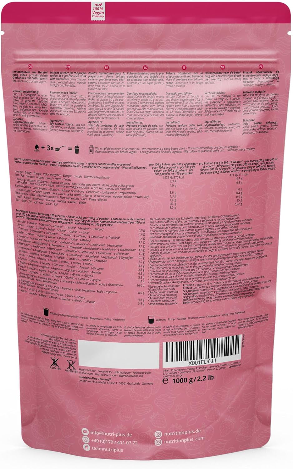 Detalle 1 de Nutri + Protein Pulver Vegan Erdbeer Sahne 1 kg