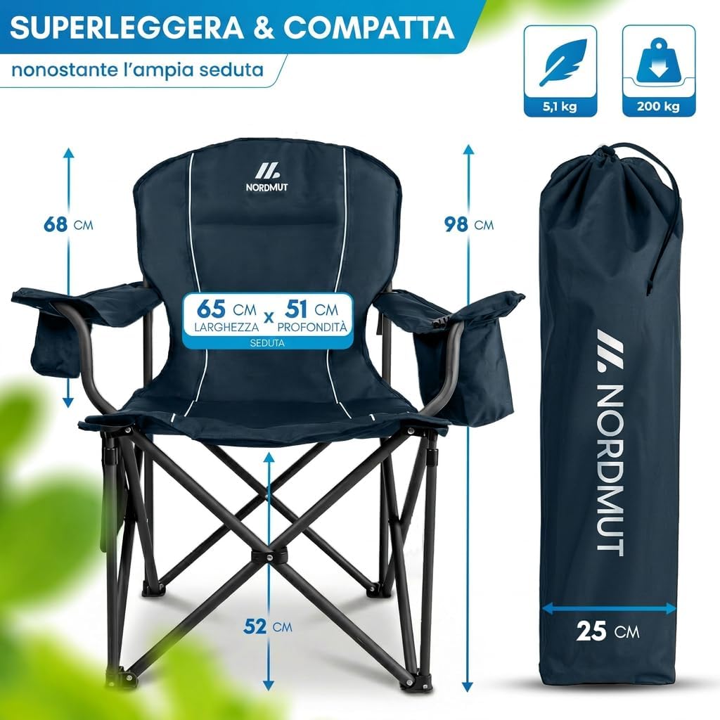 Thumbnail 1 de NORDMUT Sedia da campeggio pieghevole leggera con portabicchieri e borsa frigo – Blu navy