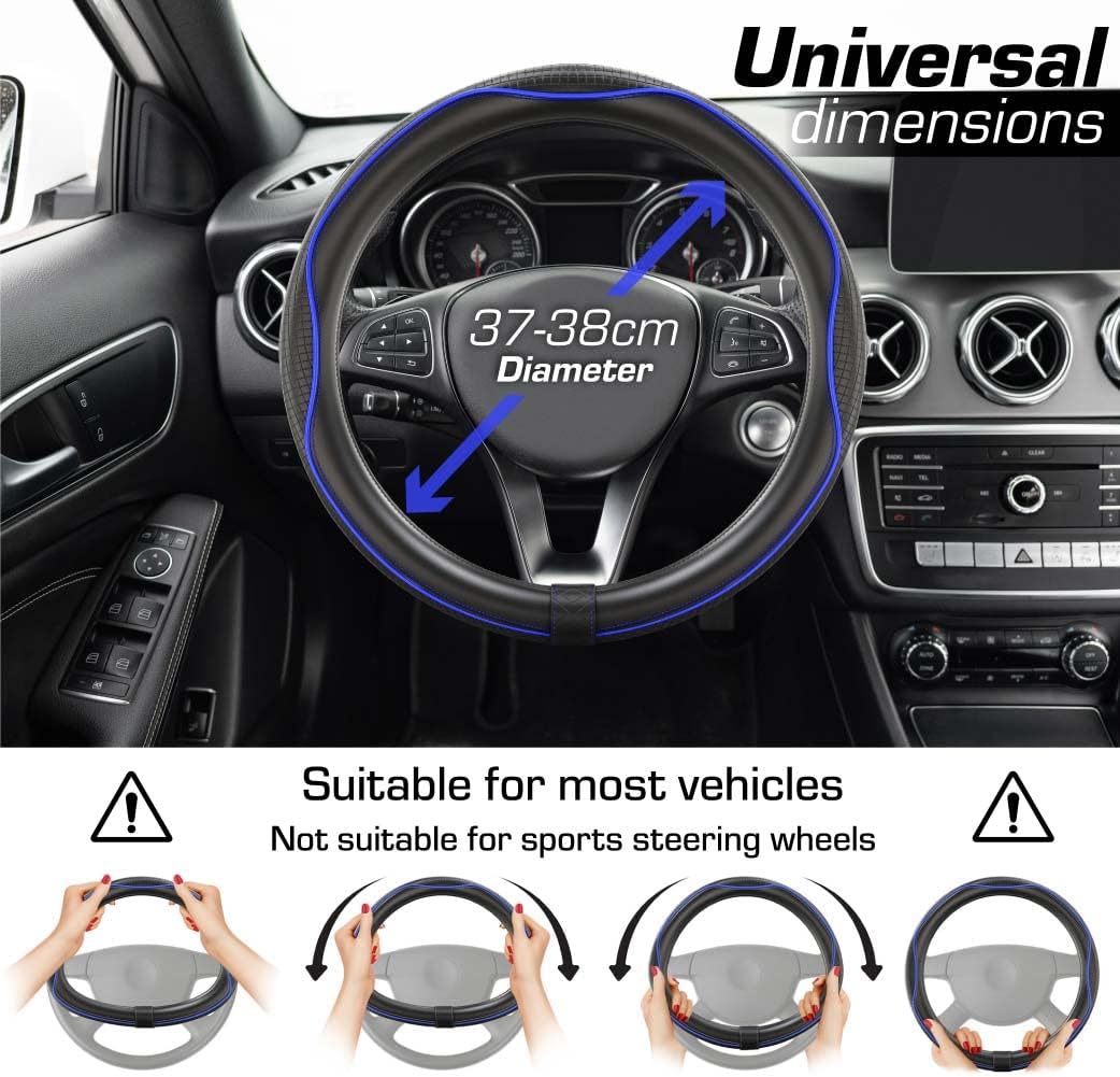Detalle de Upgrade4cars Blue & Black Leather Look Steering Wheel Cover – Universal 14.5–15 inch Fit