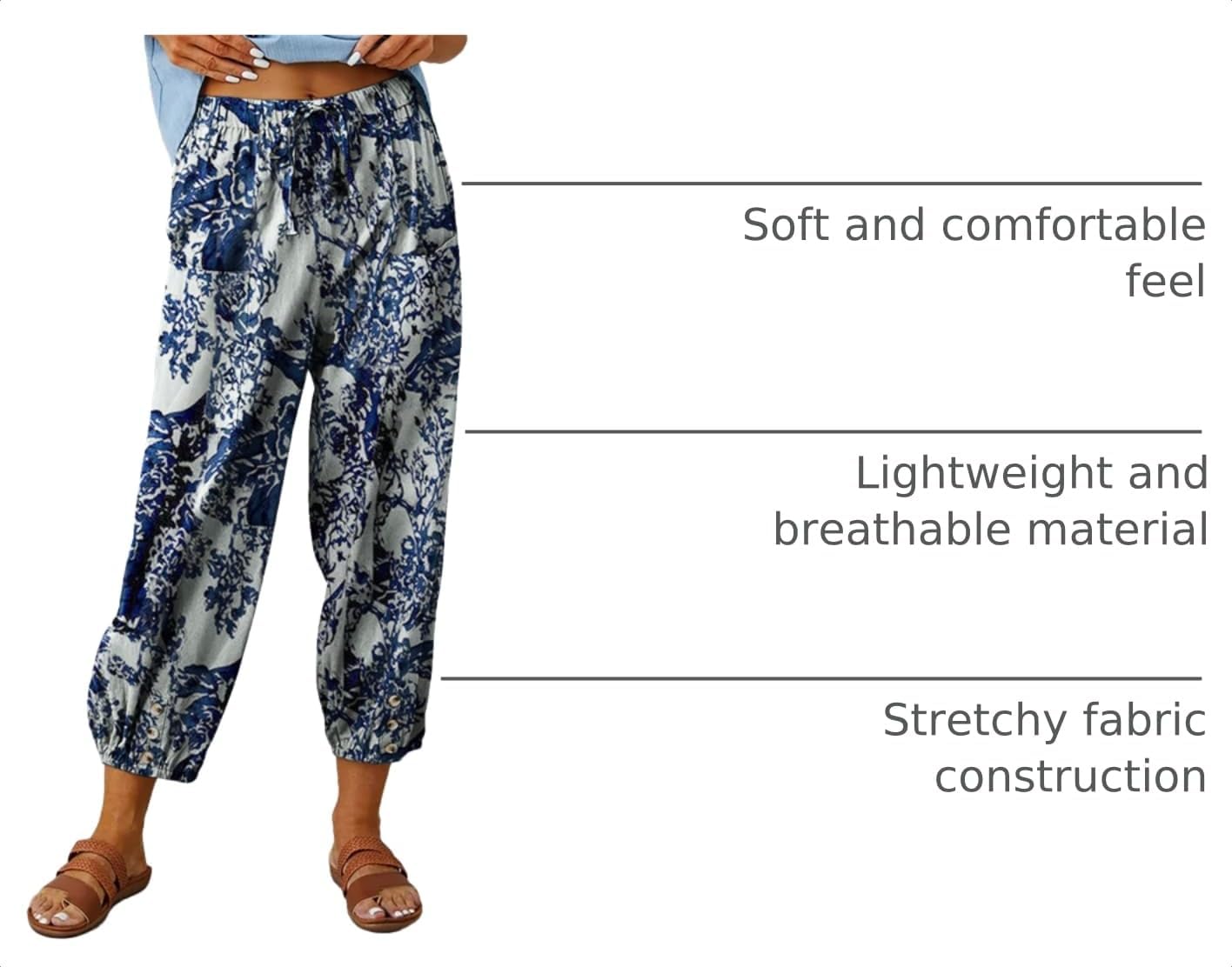Thumbnail 3 de Women's Capri Pants High Waist Drawstring Cinch Bottom with Button Cotton Loose Casual Trouser with Pockets