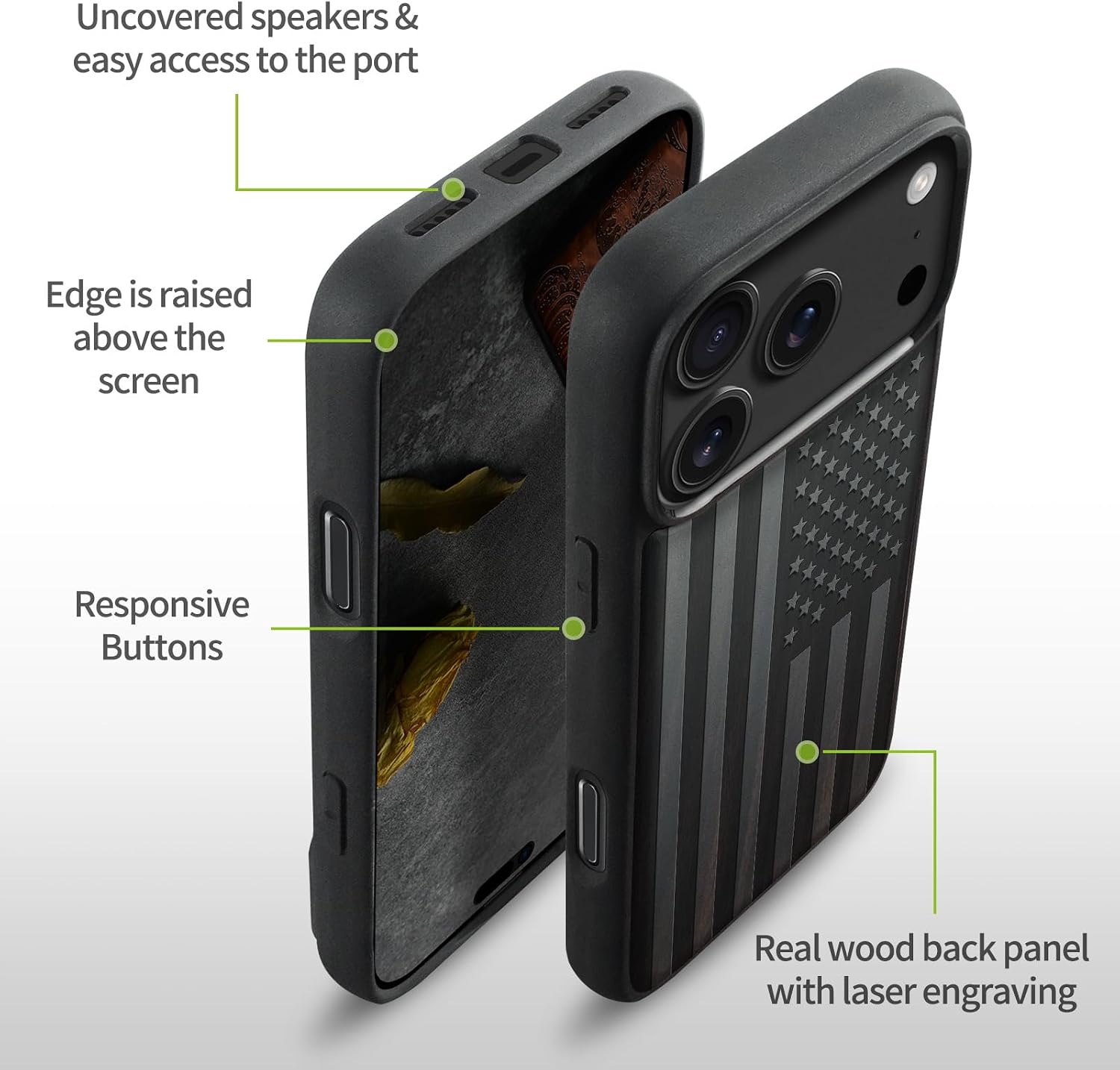 Thumbnail 6 de Carveit Magnetic Wooden Case for iPhone 17 Pro Max — Laser-Engraved Wood + Soft TPU (MagSafe Compatible) — Classic American Flag Blackwood