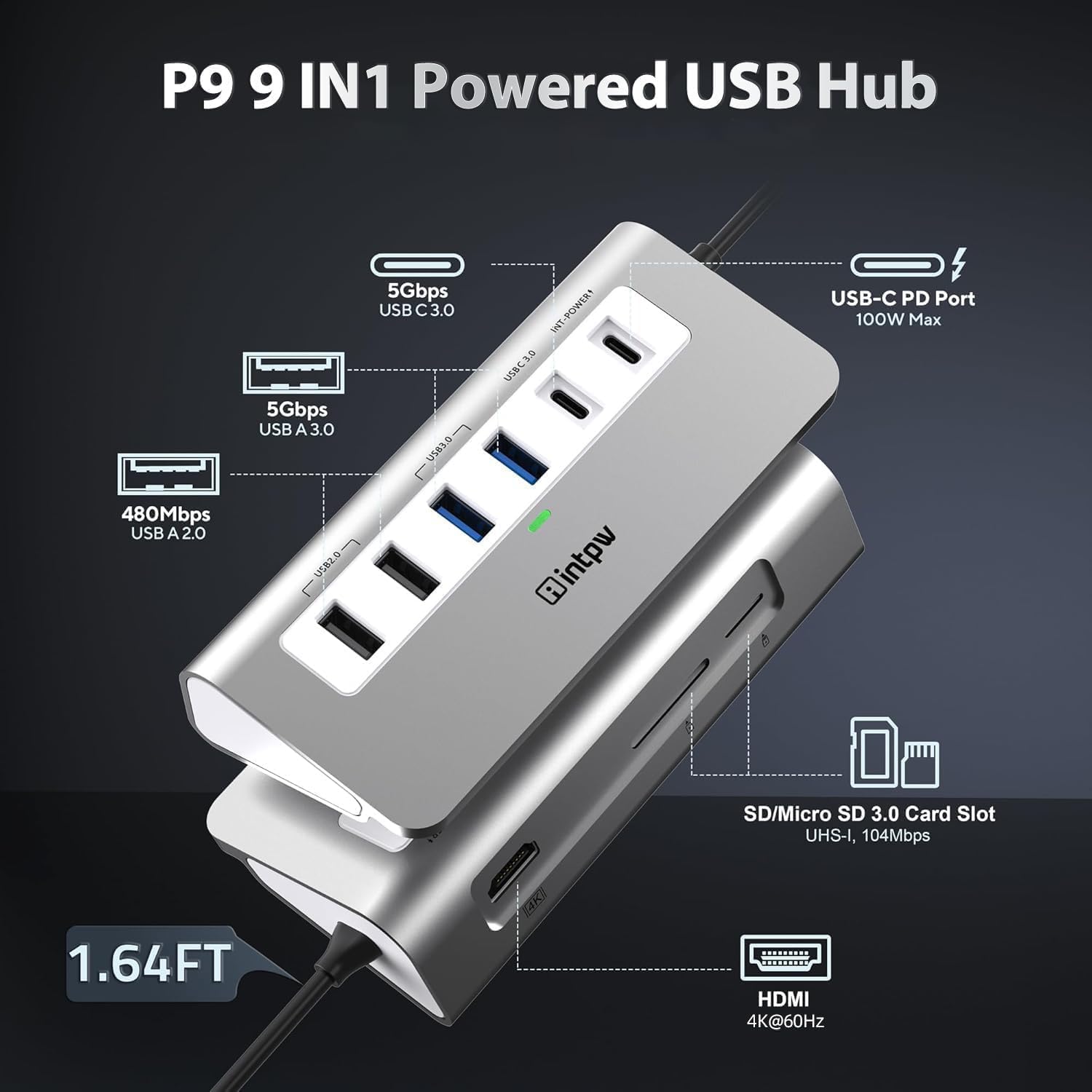 Detalle 2 de intpw P9 USB C Hub 9-in-1