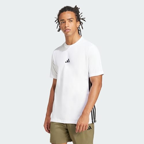adidas Uomo Essential Three Stripes Single Jersey camiseta de algodón con tres rayas, cuello redondo (White/Black, L)