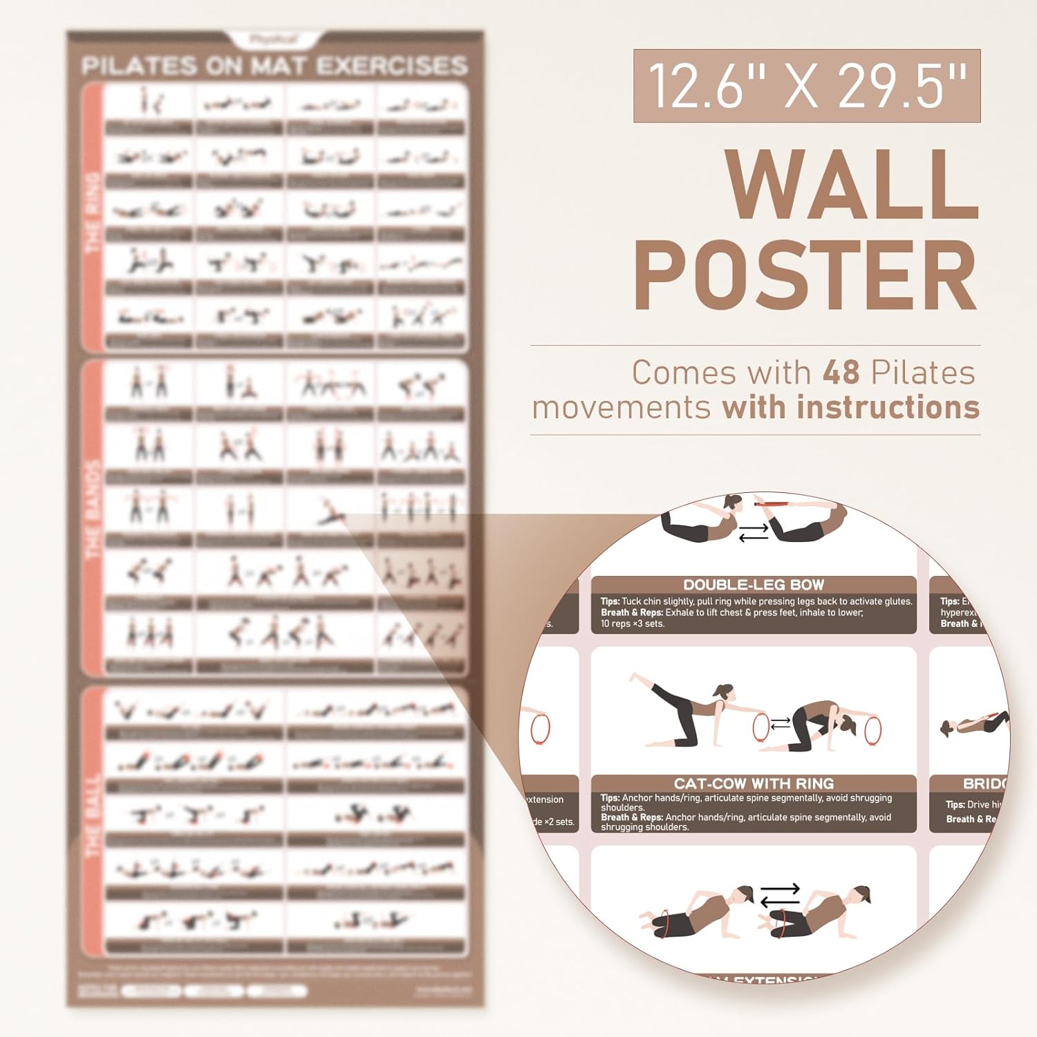 Detalle de PhysKcal Pilates Kit: 15-Inch Ring, Core Ball, 3 Resistance Bands, Flex Bands, and Poster for Home Workouts