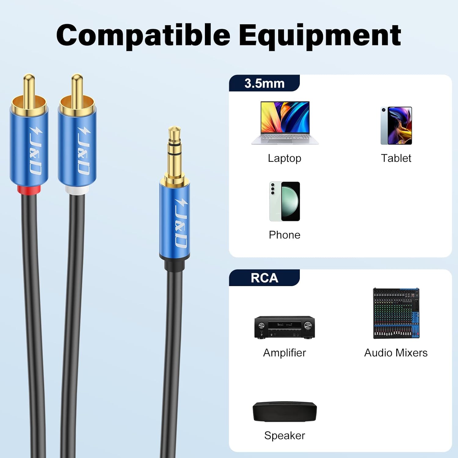 Thumbnail 3 de J&D 3.5mm to 2 RCA Stereo Audio Cable (10 ft) with Gold-Plated Connectors
