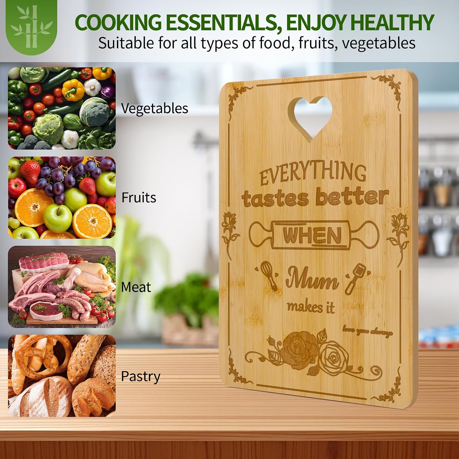 Detalle de Zindoo Mum Heart Handle Engraved Bamboo Chopping Board