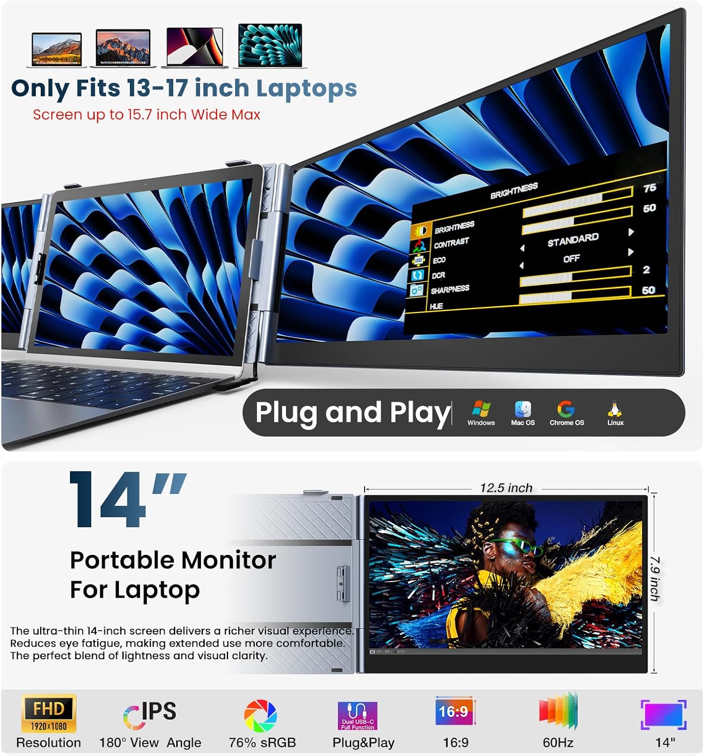Thumbnail 3 de Kwumsy Monitor Portatile 14'' – Ultra sottile, triplo schermo e doppio display estensibile per laptop 13''-17