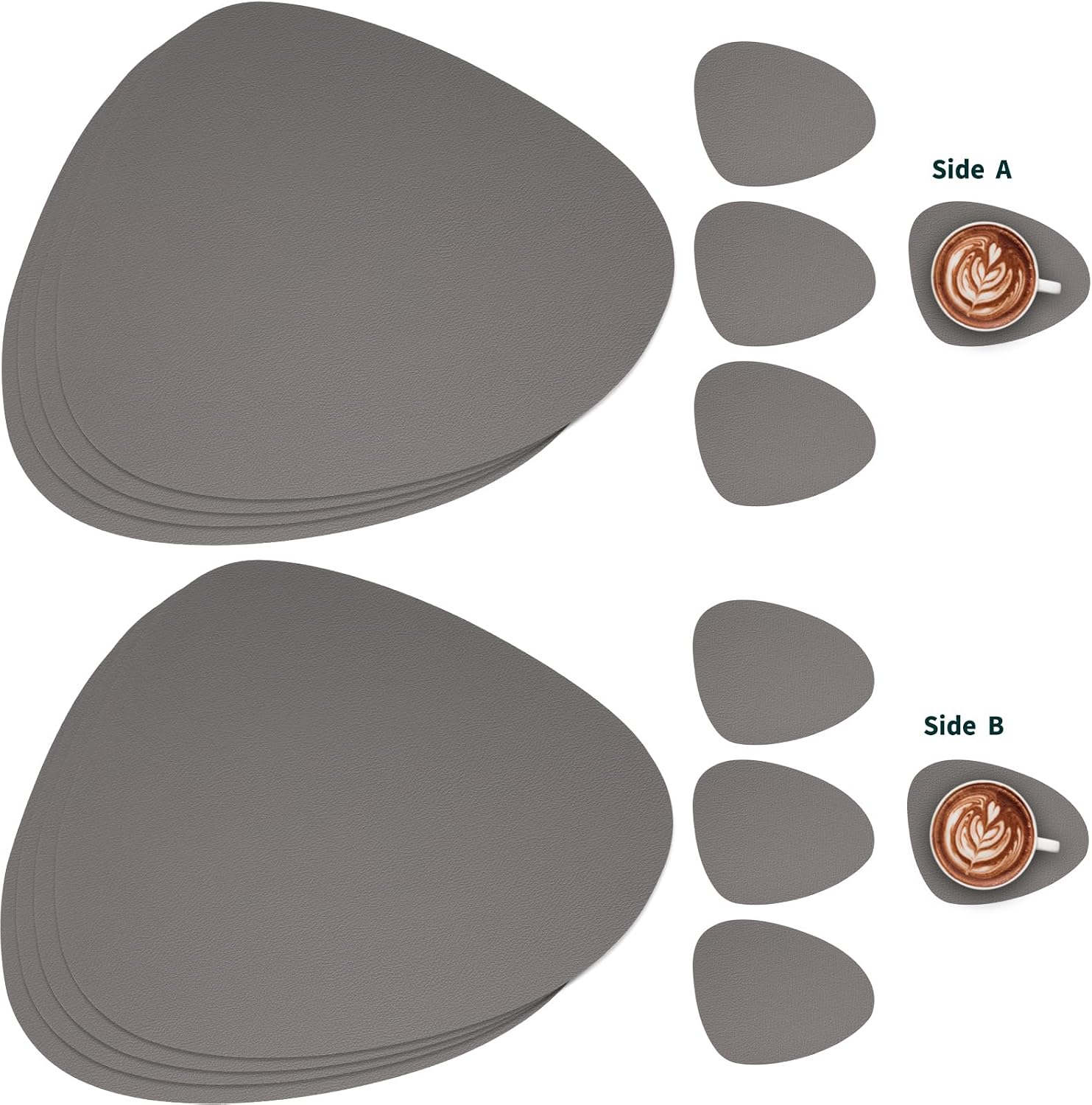 Detalle 2 de Myir JUN Tischsets aus PVC-Kunstleder (doppelseitig) inkl. Untersetzern – Set mit 6, grau