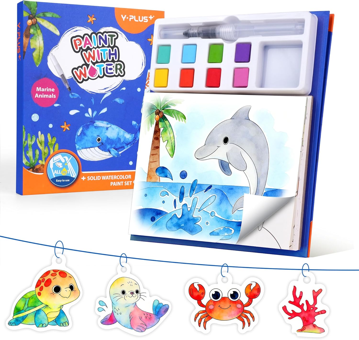 Detalle de YPLUS Wassermalbuch für Kinder ab 3–6 Jahre – Meerestiere mit Wasserfarben, 8 Farben & Wasserpinsel