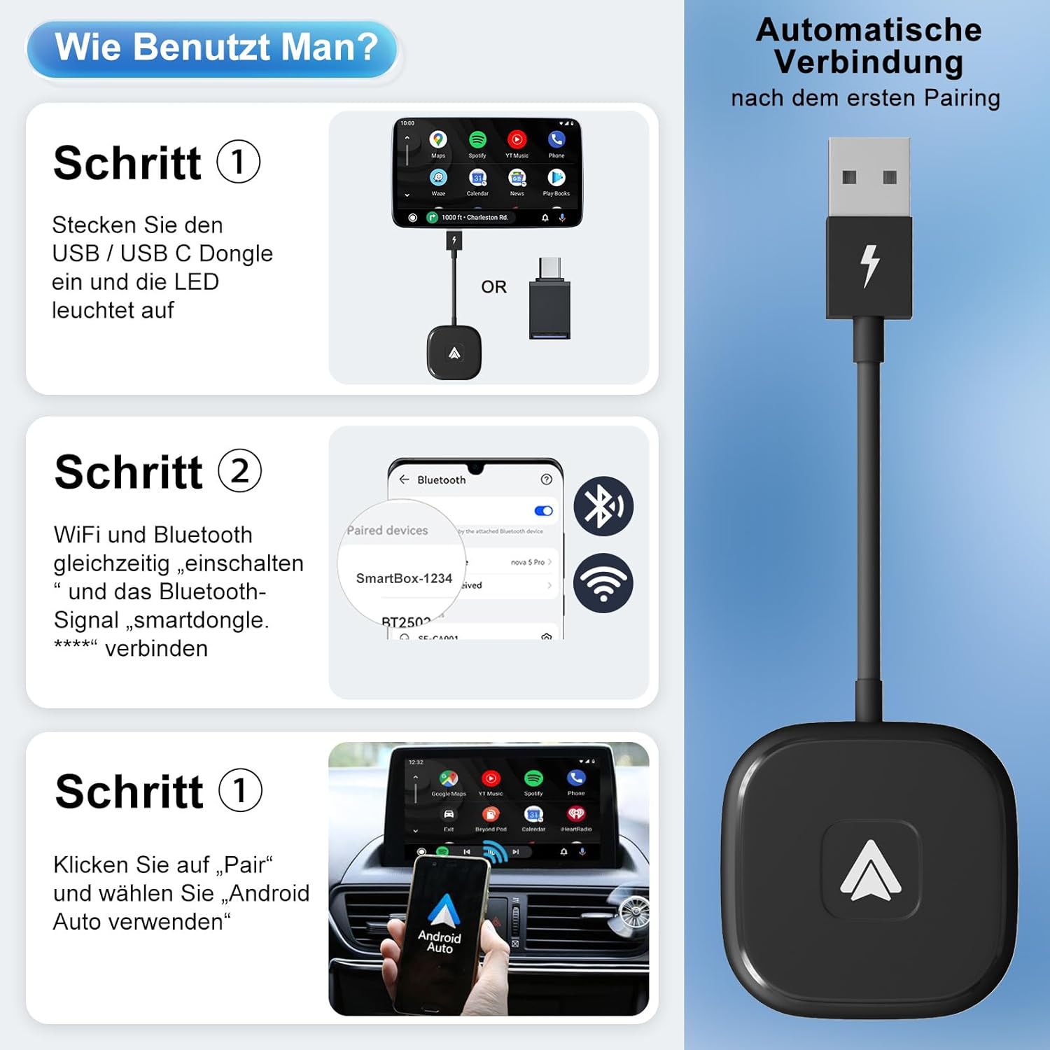 Thumbnail 4 de PAUNEZUEL Wireless Android Auto Adapter: kabelgebundenes Android Auto drahtlos nutzen (für Android ab 11, Autos ab 2017)