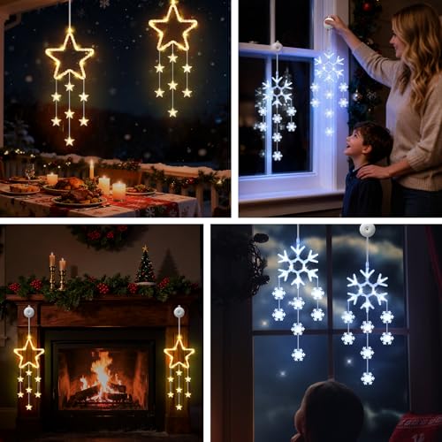 Detalle 2 de Dankeled LED Sterne Weihnachtsbeleuchtung – 2er Fenster-Lichterkette mit Timer, warmweiß, 8 Modi