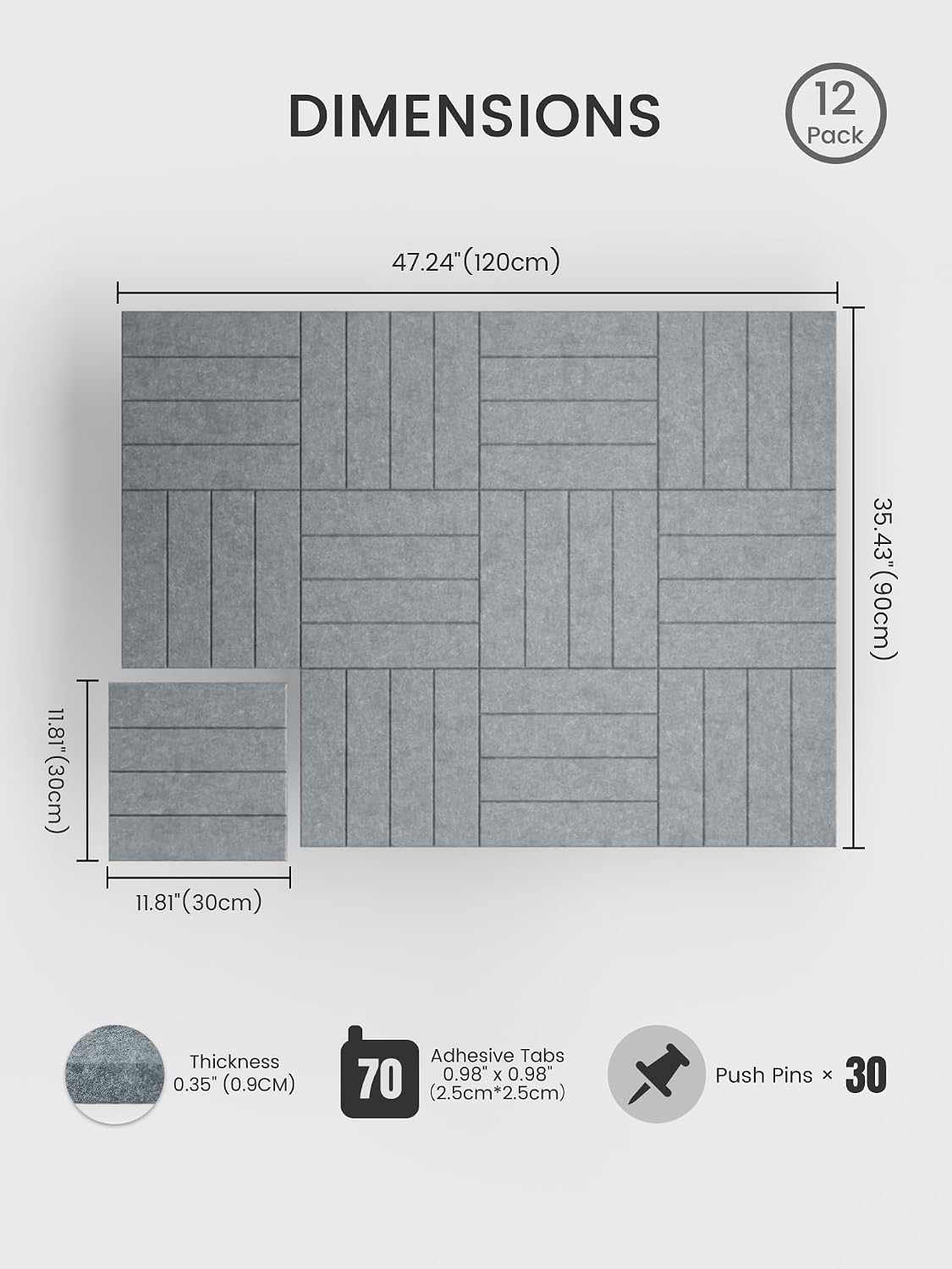 Detalle 2 de Bumusty Large Cork Board Alternative felt tiles (12-pack), 48 x 36in, blue grey with pushpins & adhesive tabs