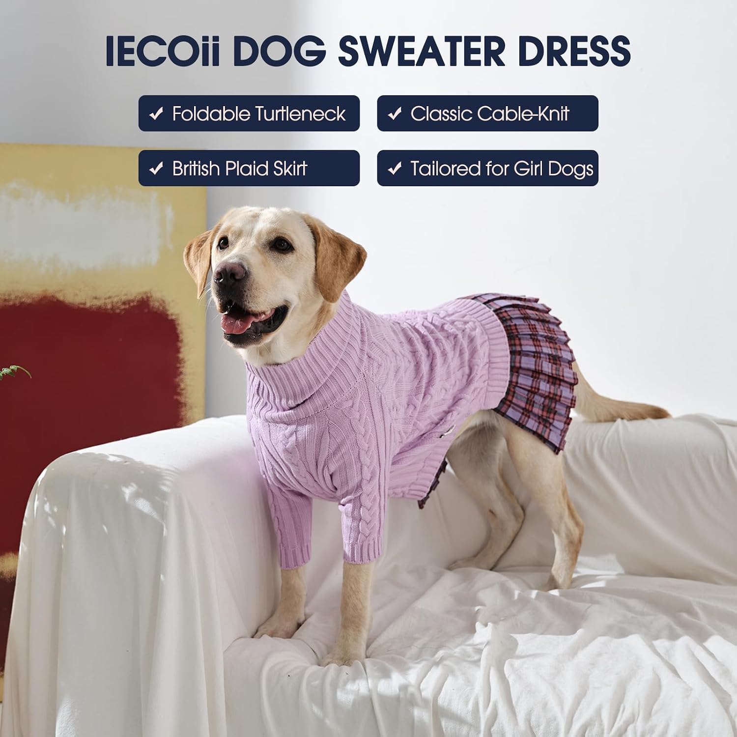 Thumbnail 6 de IECOii Dog Sweater Dress, Large Knit Turtleneck with Plaid Skirt and Leash Hole