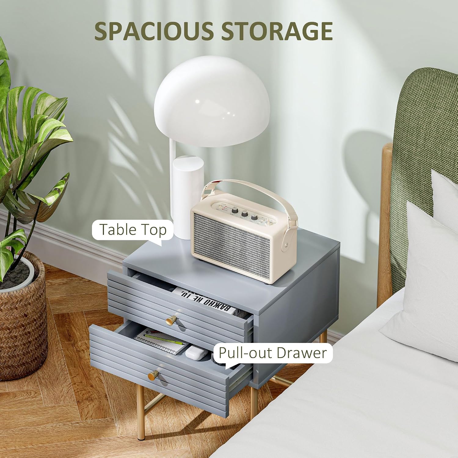 Detalle de HOMCOM 831-858V00GY Bedside Tables, Set of 2, Grey with Gold Legs