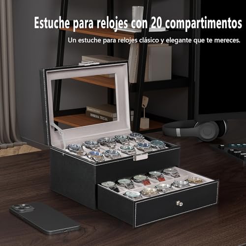 Detalle 2 de BEWISHOME Caja de Relojes ESSH04B: estuche con 20 compartimentos y tapa de cristal