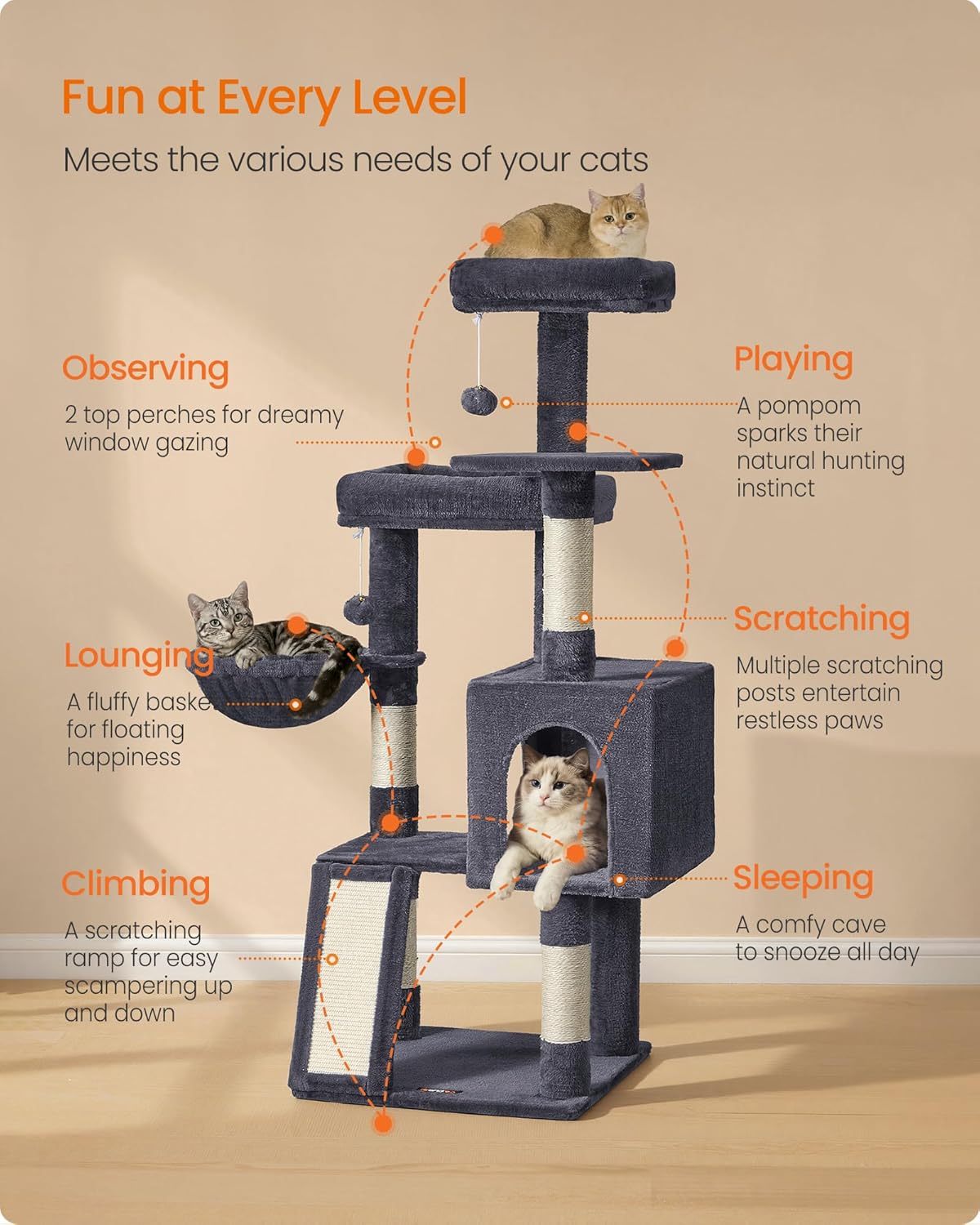 Detalle de Feandrea Cat Tree: 136 cm Tall Multi-Level Cond o with Scratching Posts, Cave and Beds