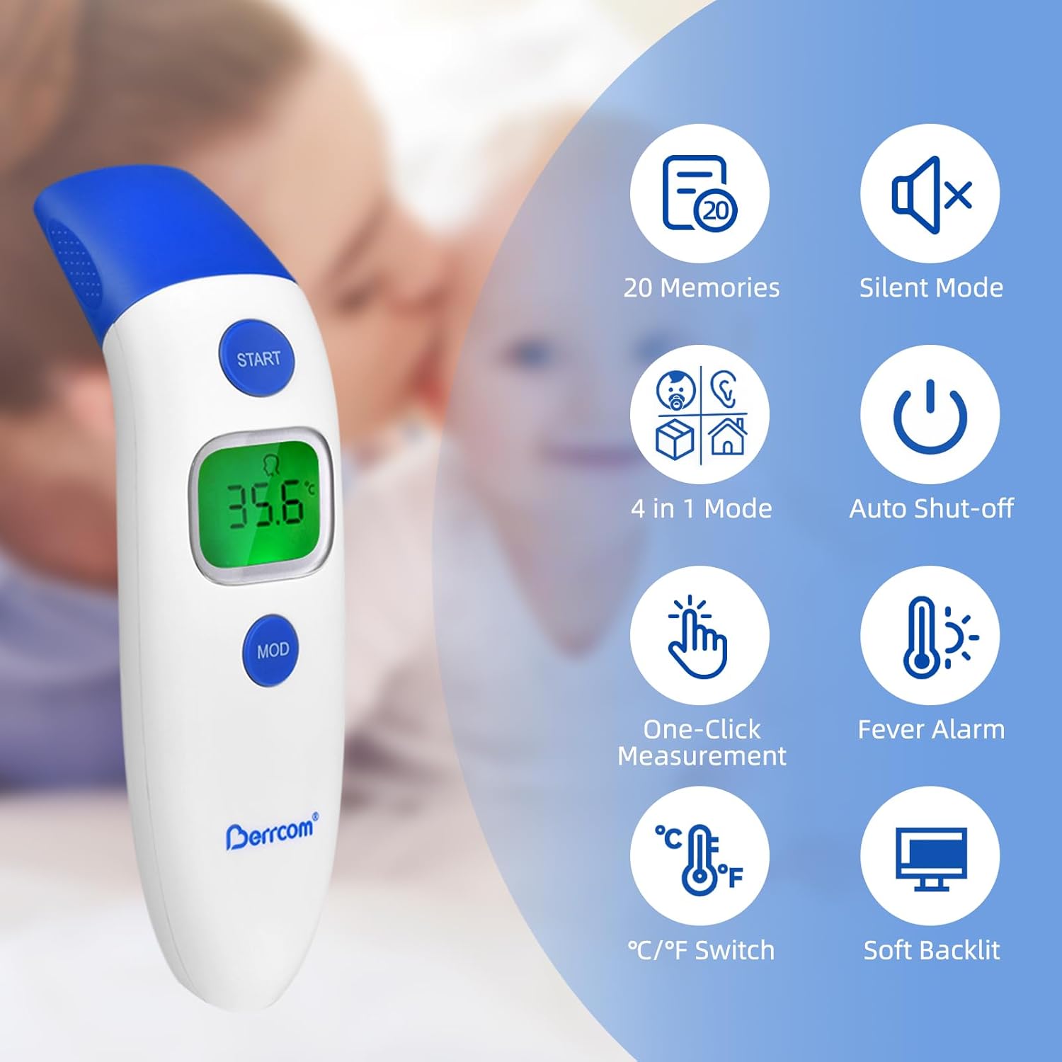 Thumbnail 3 de Berrcom Stirn- und Ohrthermometer Fieberthermometer – berührungslos, 4-in-1 infrarot