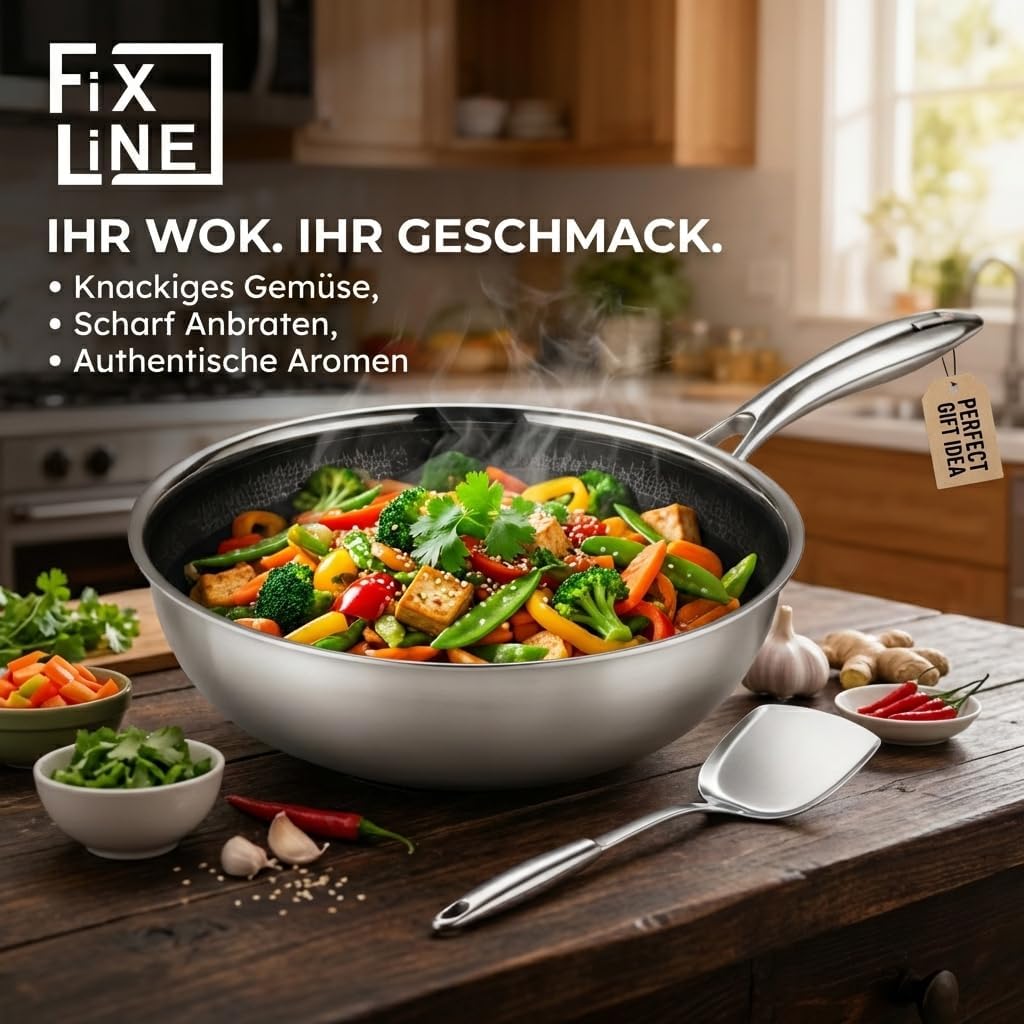 Detalle de FIXLINE® BLACK FOREST Wokpfanne 28 cm – Keramikbeschichtung, induktionsgeeignet, backofengeeignet bis 230°C