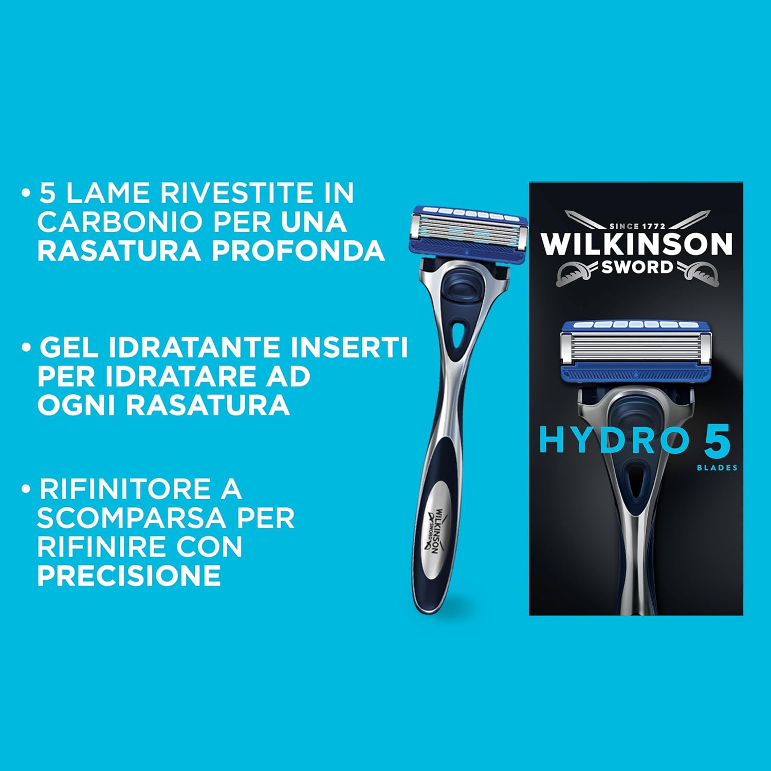 Detalle 2 de Wilkinson Sword Hydro 5 Lame per rasoio da uomo - 12 ricariche con rivestimento in carbonio, gel idratante e trimmer di precisione