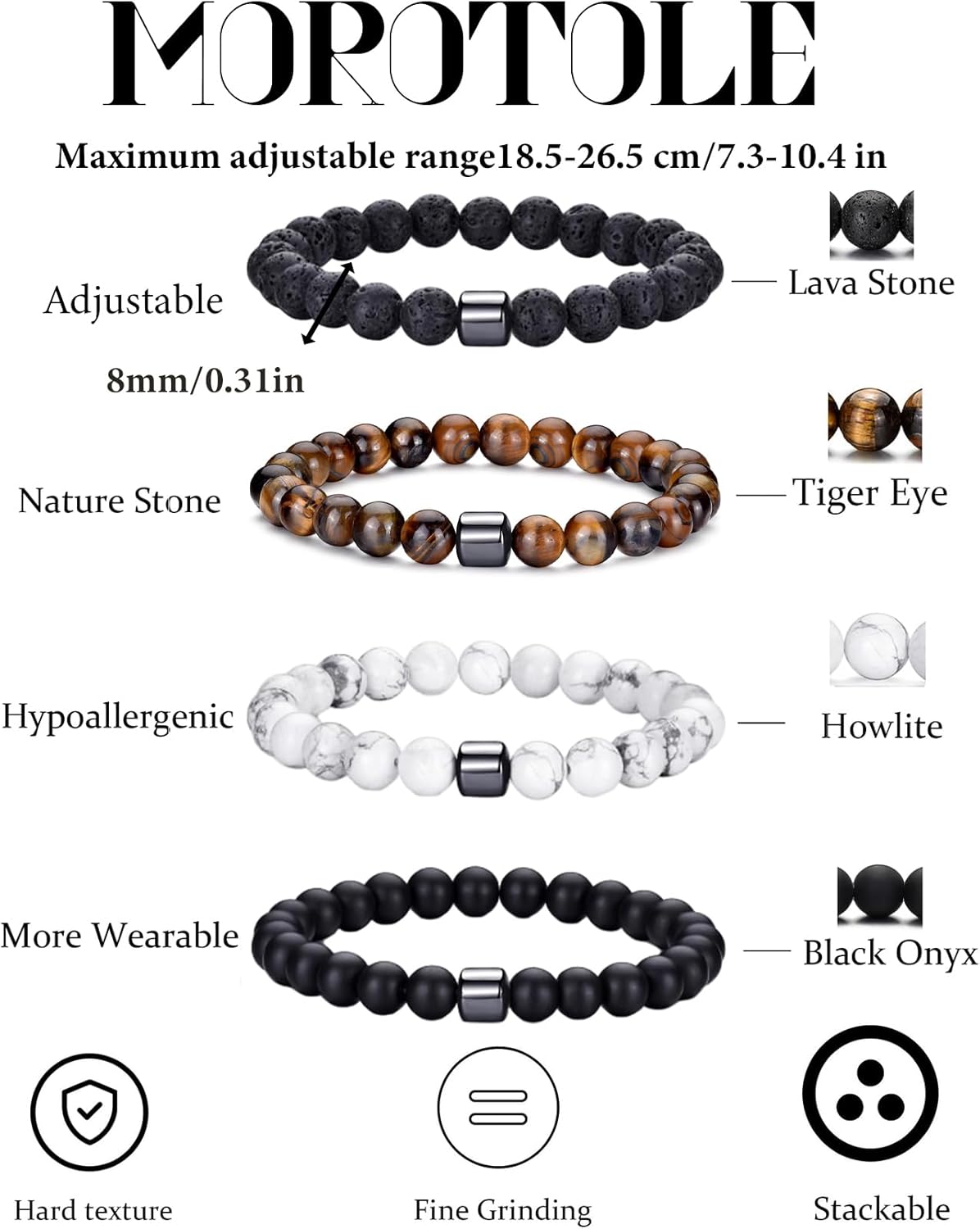 Thumbnail 2 de Bracelet œil de tigre homme MOROTOLE 8 mm en pierre naturelle, pierre de lave et obsidienne (set de plusieurs bracelets)