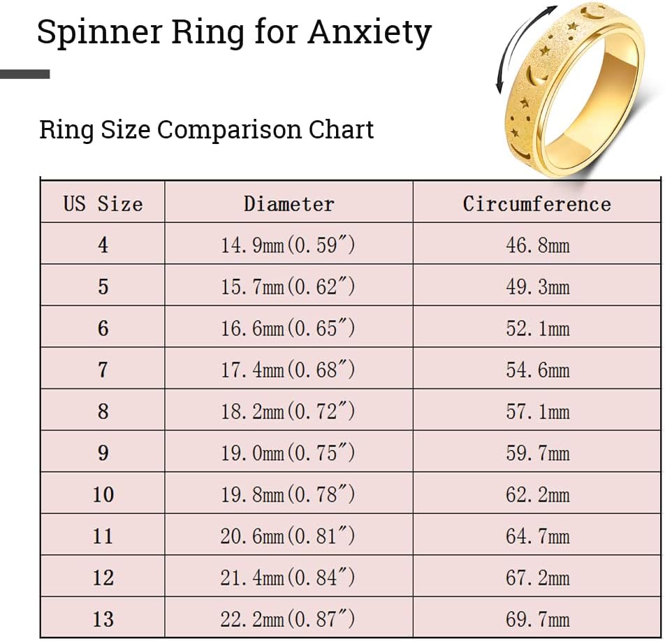 Detalle 2 de OreilleStar Anxiety Ring Spinner Fidget Thumb Ring – Moon & Star, Gold Stainless Steel