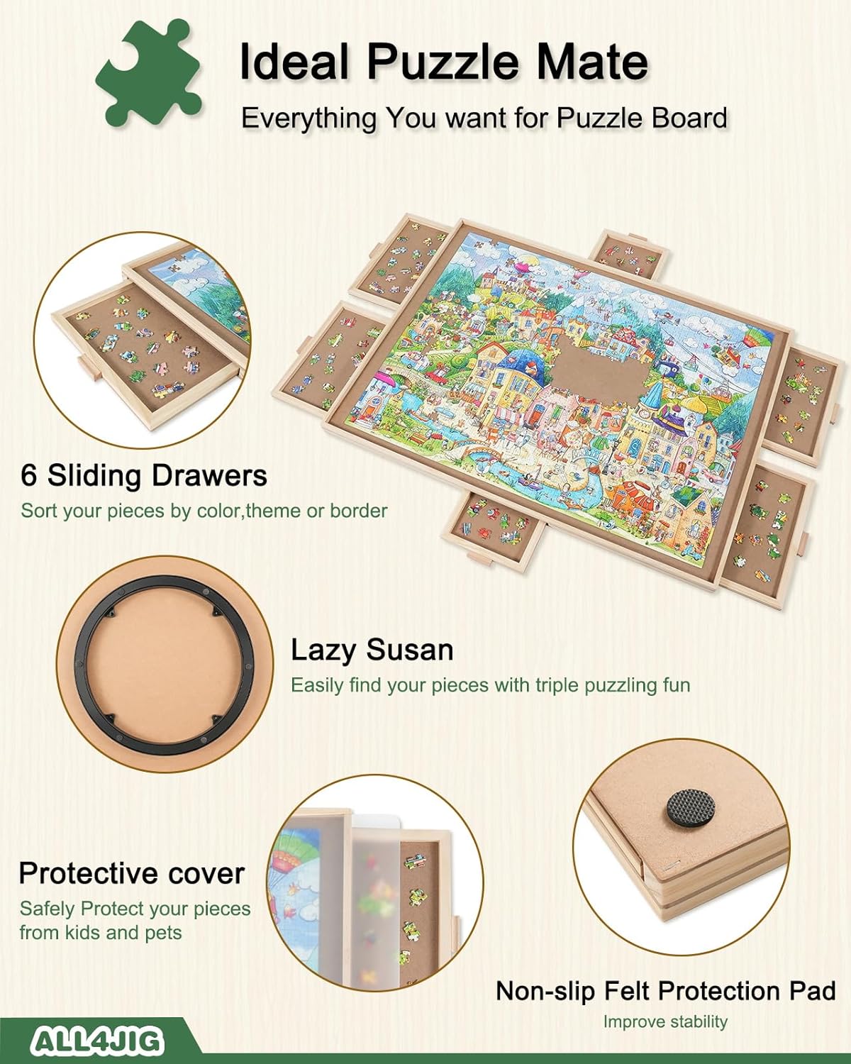 Detalle de ALL4JIG 1000-Piece Rotating Puzzle Board with 6 Drawers and Cover (22"x30")