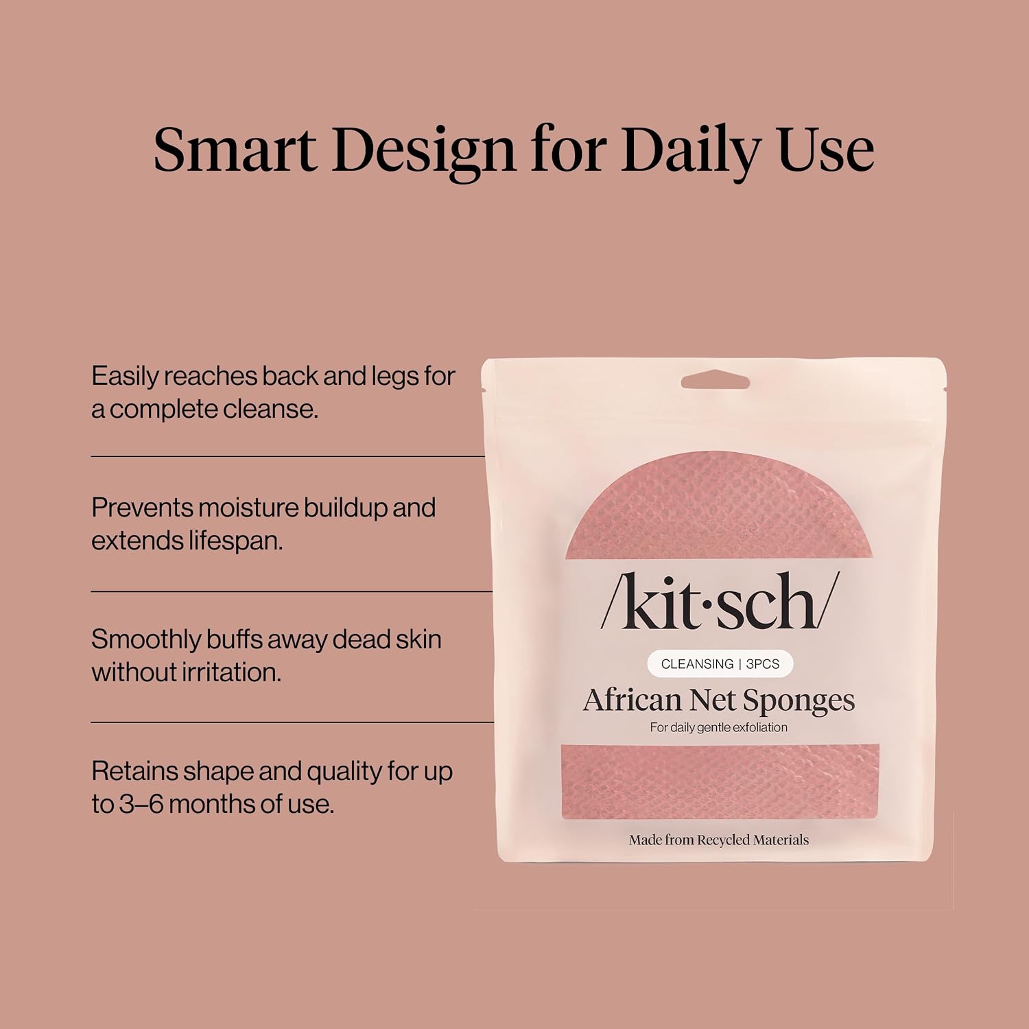 Detalle de Kitsch African Net Sponge – Exfoliating Body Scrubber, 3-Piece Berry Pink