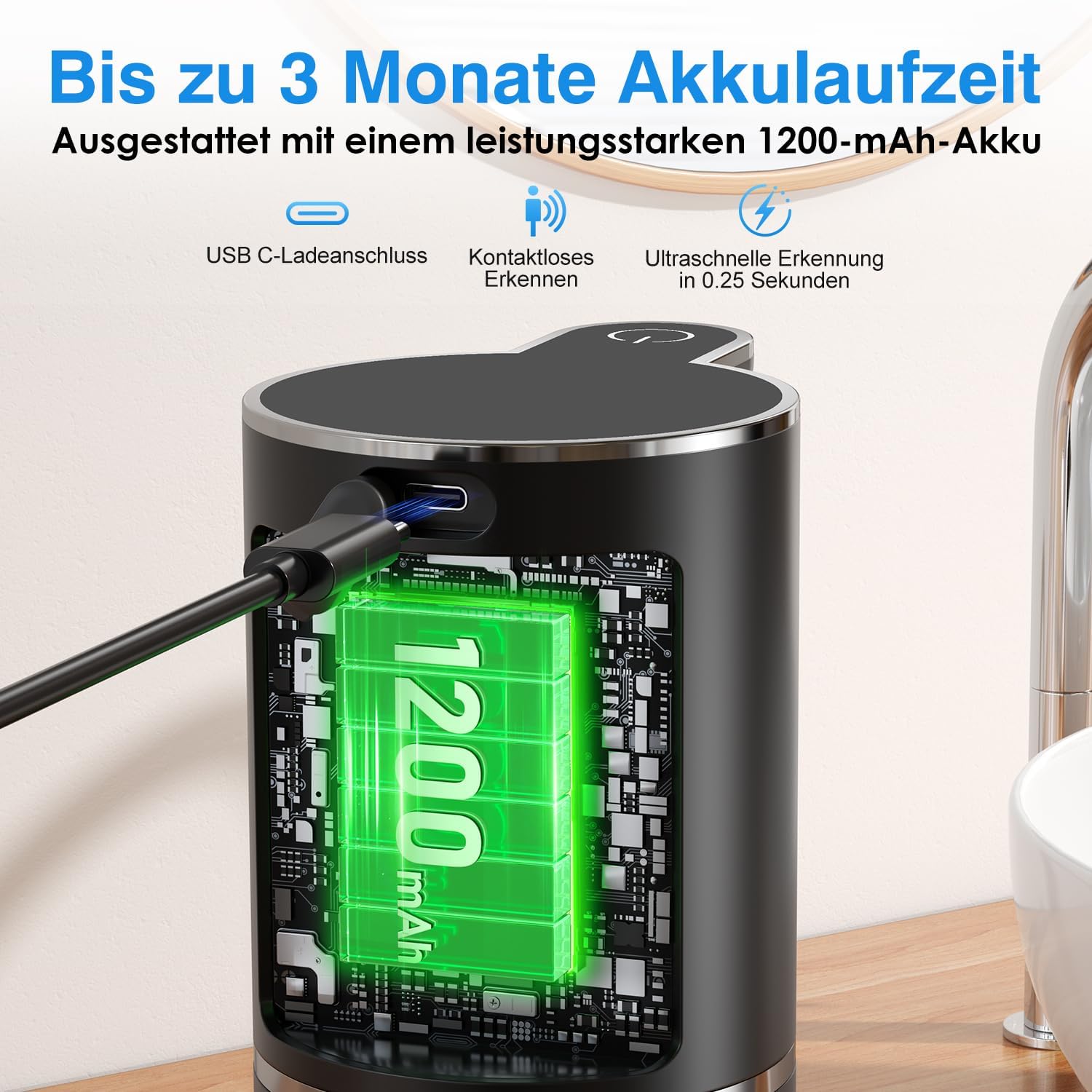 Detalle de Seifenspender Automatisch für Schaum – Berührungslos, 380 ml, IPX5, USB aufladbar