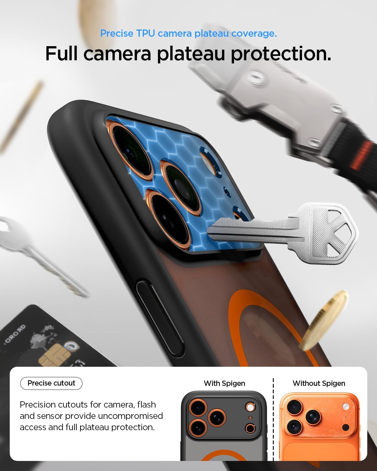 Detalle de Spigen Ultra Hybrid MagFit pour iPhone 17 Pro Max (Frost noir orange) – coque transparente mate antihuelles
