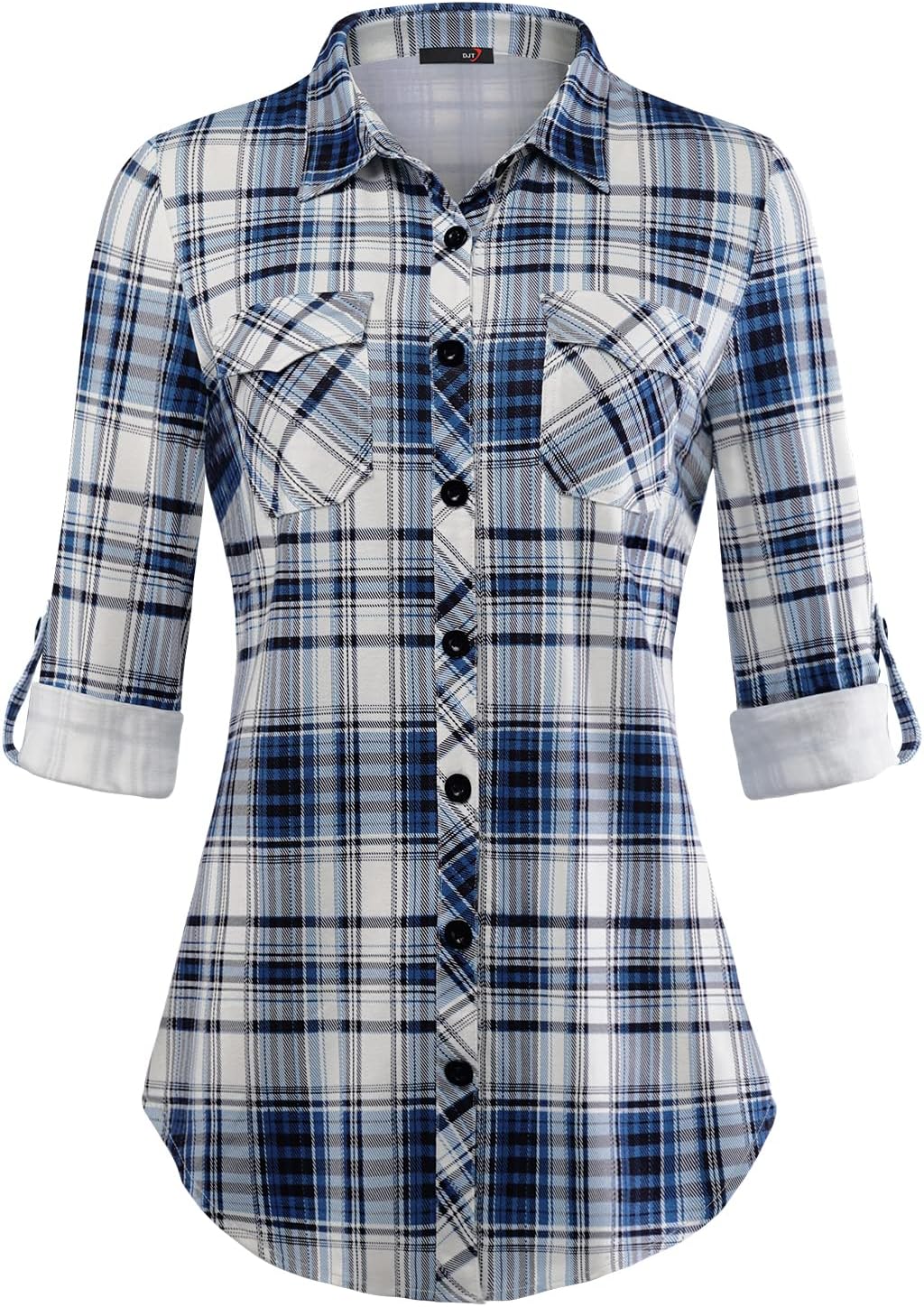Thumbnail 6 de DJT Damen Bluse mit kariertem Strick, Button-Down-Kragen und Roll-Up-Ärmeln (Langarm)