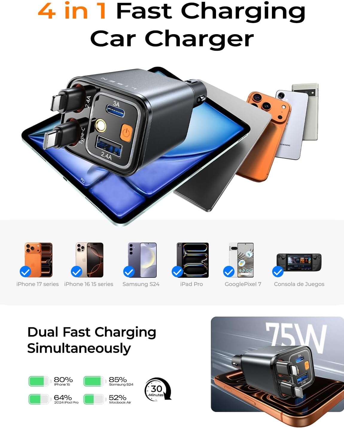 Thumbnail 4 de LISEN 4-in-1 Starlight Retractable Car Charger — 75W with Starry Sky Light Projection