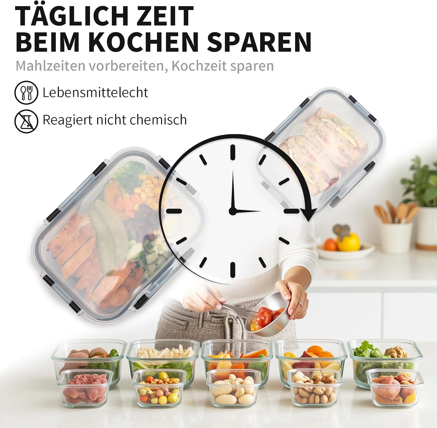 Detalle de S SALIENT Glas-Frischhaltedosen Set – 10-teiliges Meal-Prep Glasbehälter-Set mit Deckel (5x1050ml + 5x370ml)