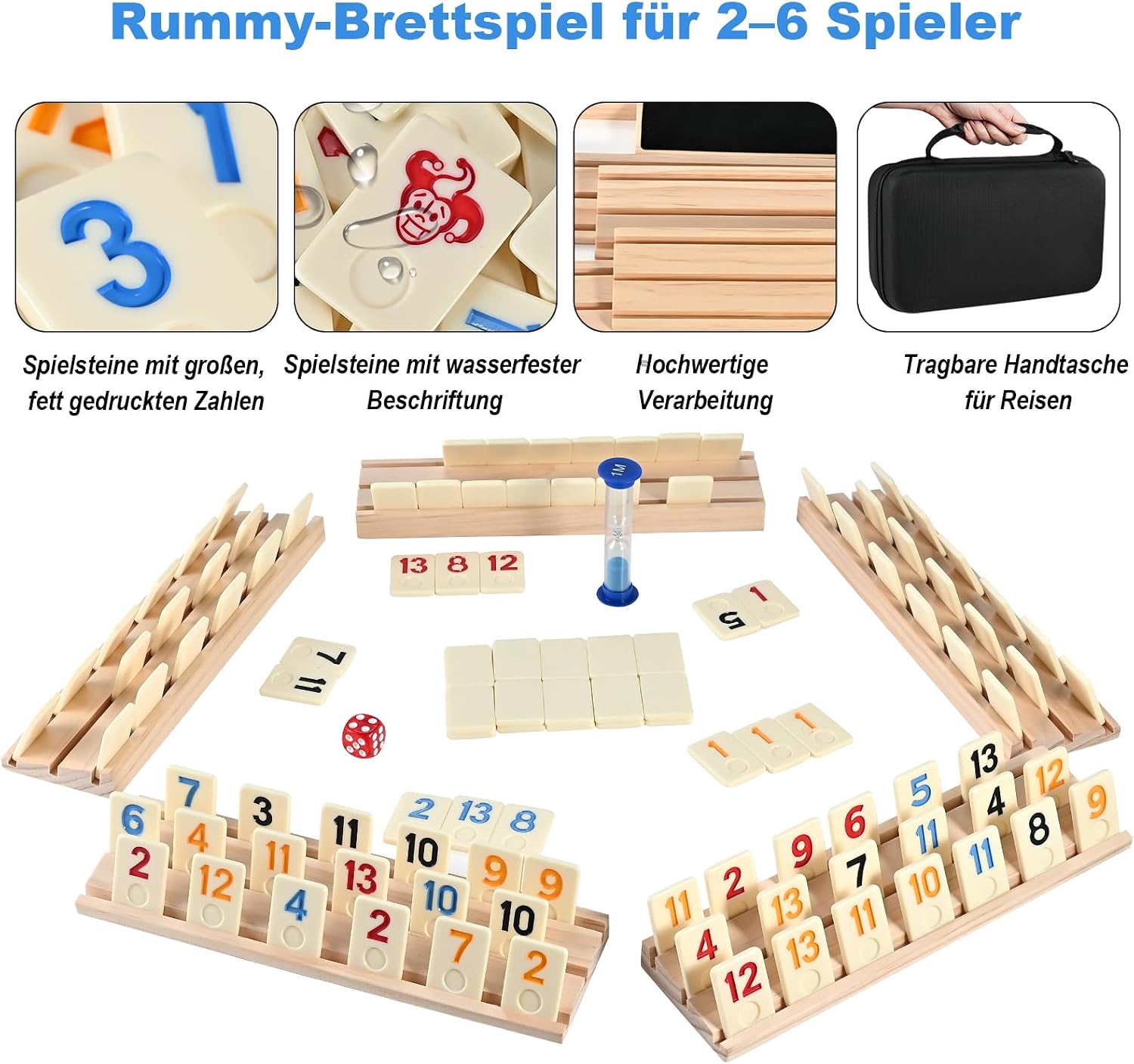 Detalle de Wooderma Rummy Holz Spiel – Rummy Cup Set mit 160 Spielsteinen & 6 Holzhaltern