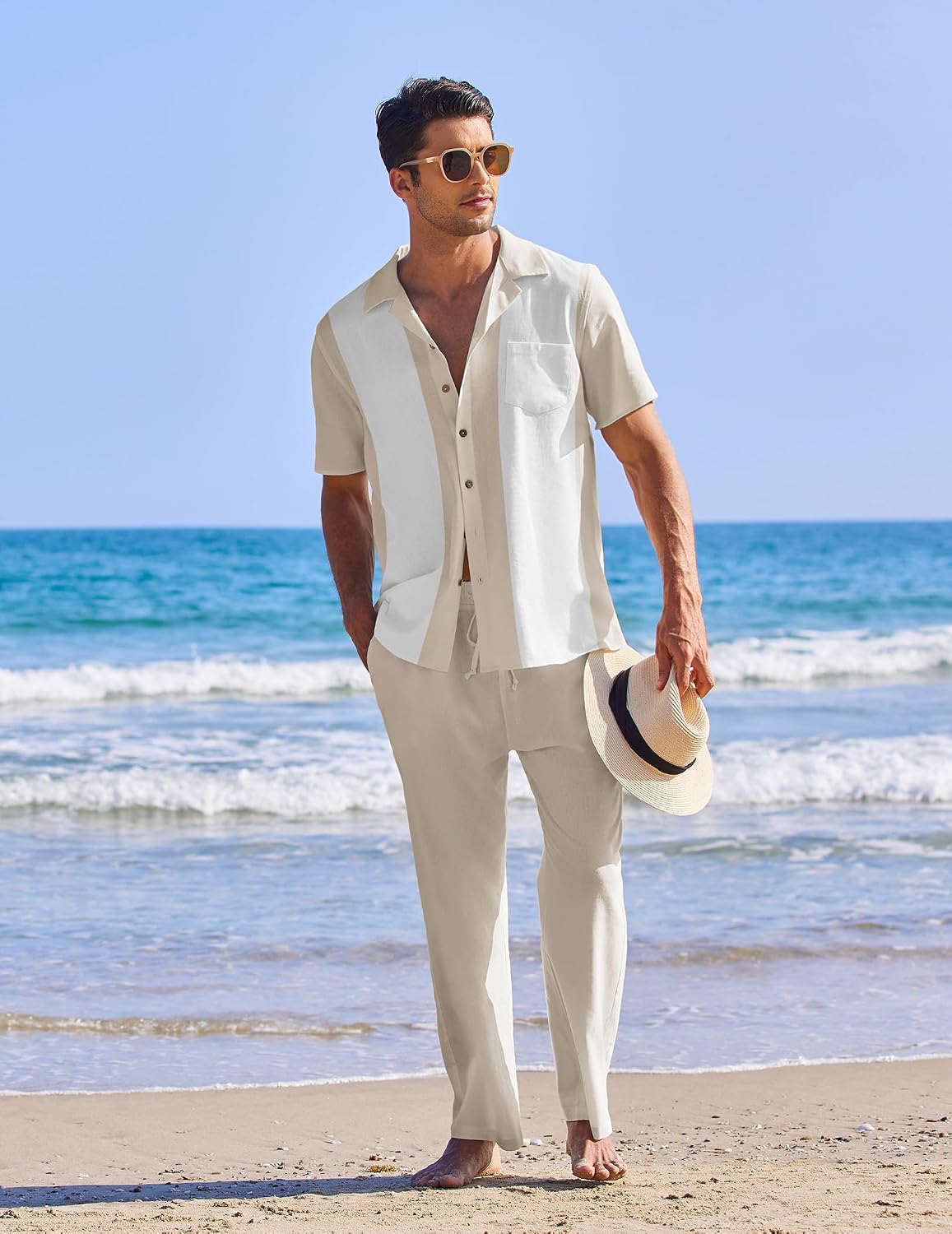 Detalle de COOFANDY Men 2 Piece Linen Outfit: Beach Button-Down Shirt & Loose Pant Set