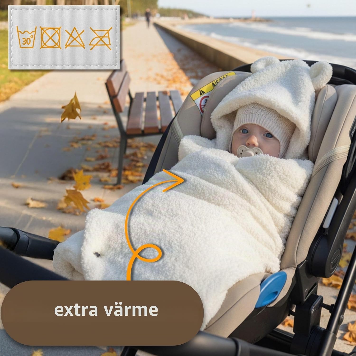 Detalle 2 de Totsy Baby bouclé-vagnfilt 90 × 90 cm med huva, dubbelsidig och krämfärgad