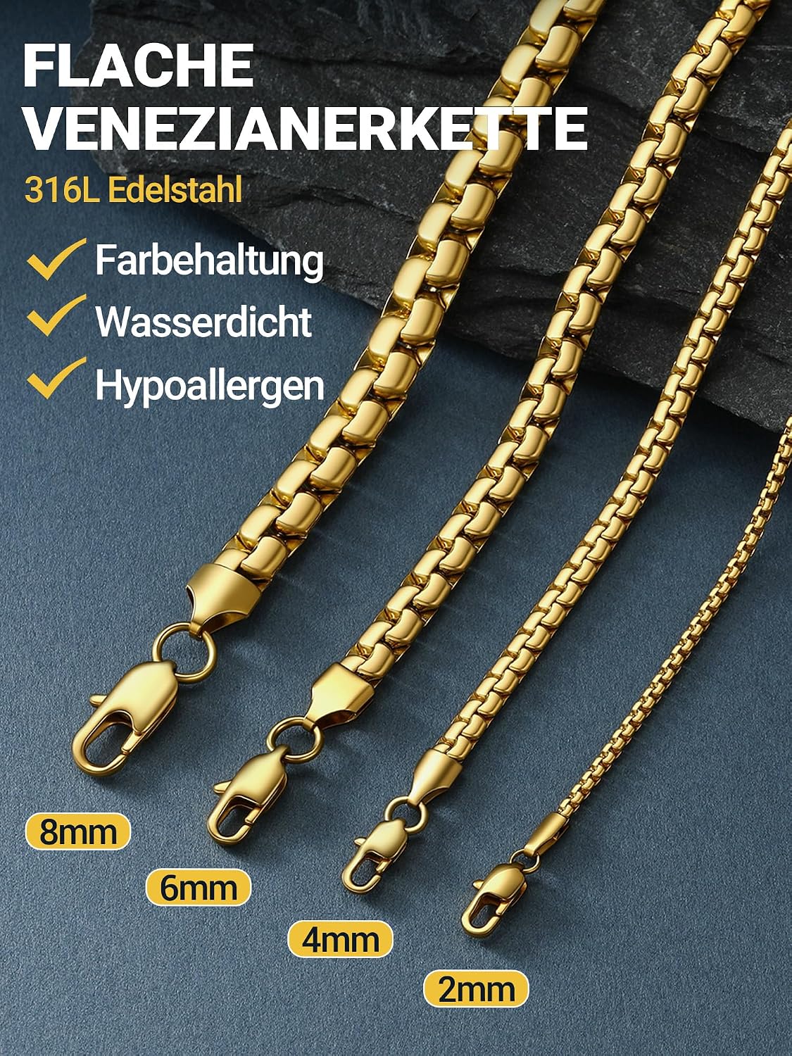 Thumbnail 2 de PROSTEEL Herren-Halskette aus Edelstahl mit Platte, Venezianerkette & Karabinerverschluss – Breite 2–8 mm, Länge 46–76 cm