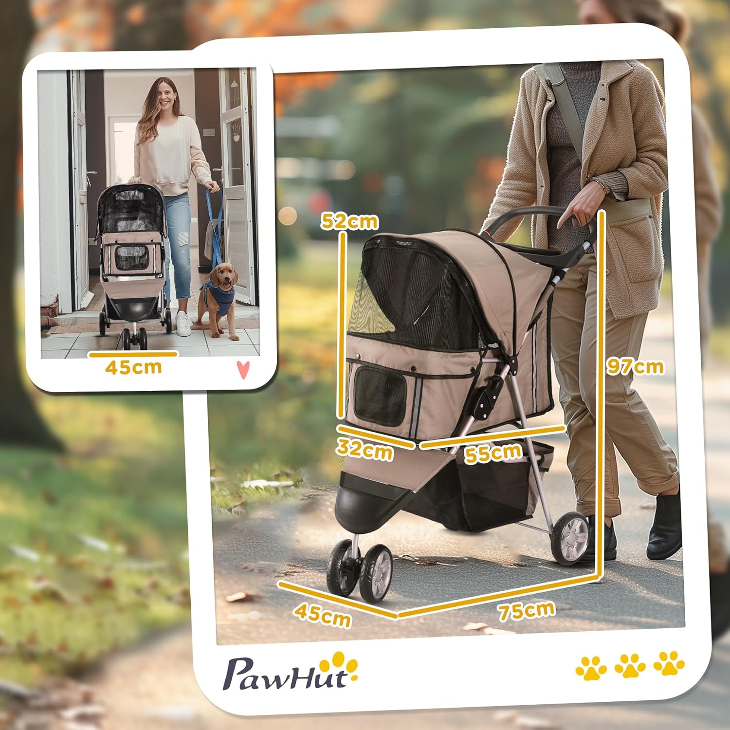 Detalle de PawHut Poussette buggy pliable pour animaux – chariot chien chat, 75 x 45 x 97 cm, marron