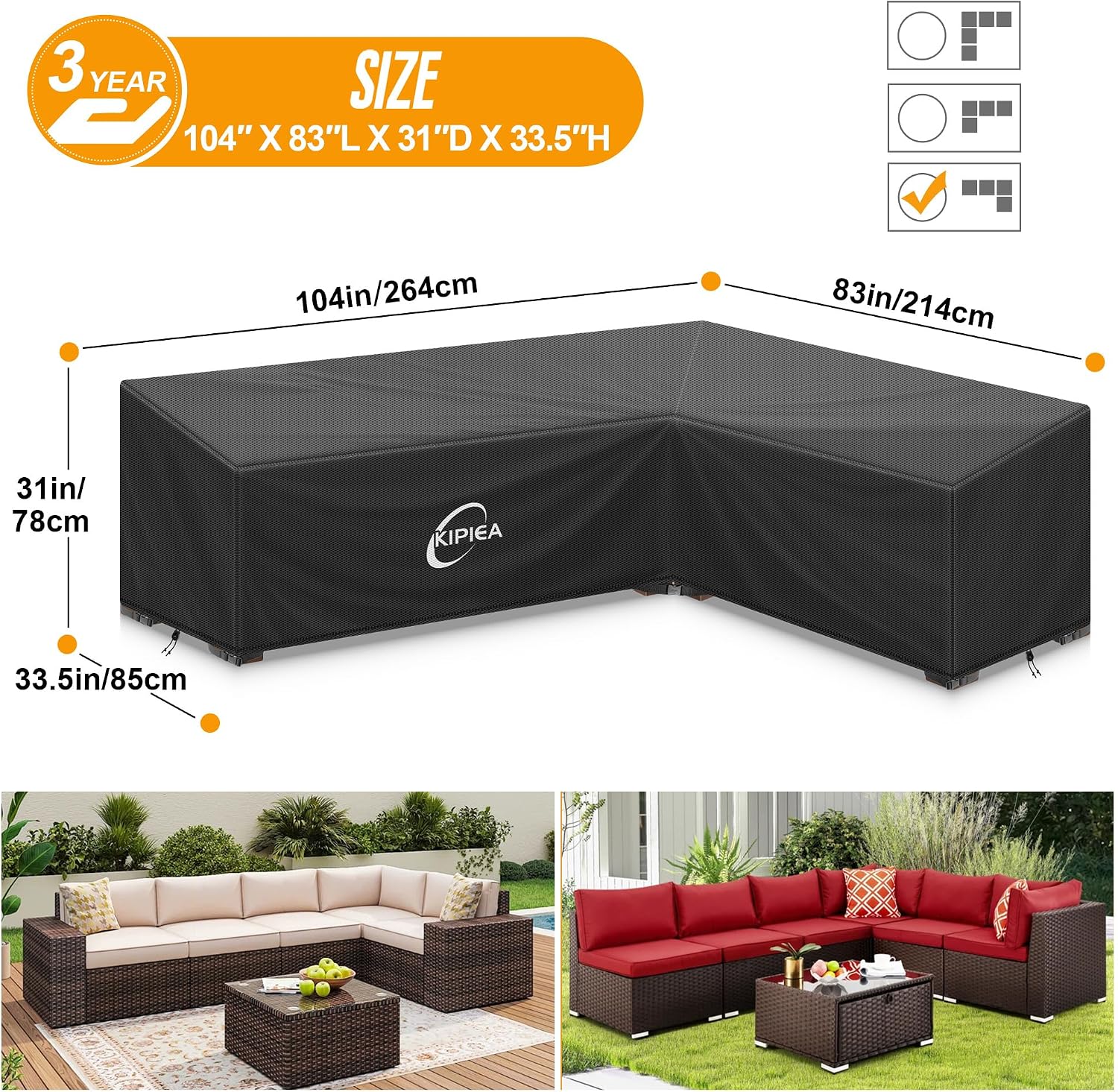 Detalle de Kipiea 104"x 83" L x 33.5" D x 31" H Right-Facing L-Shaped Patio Cover